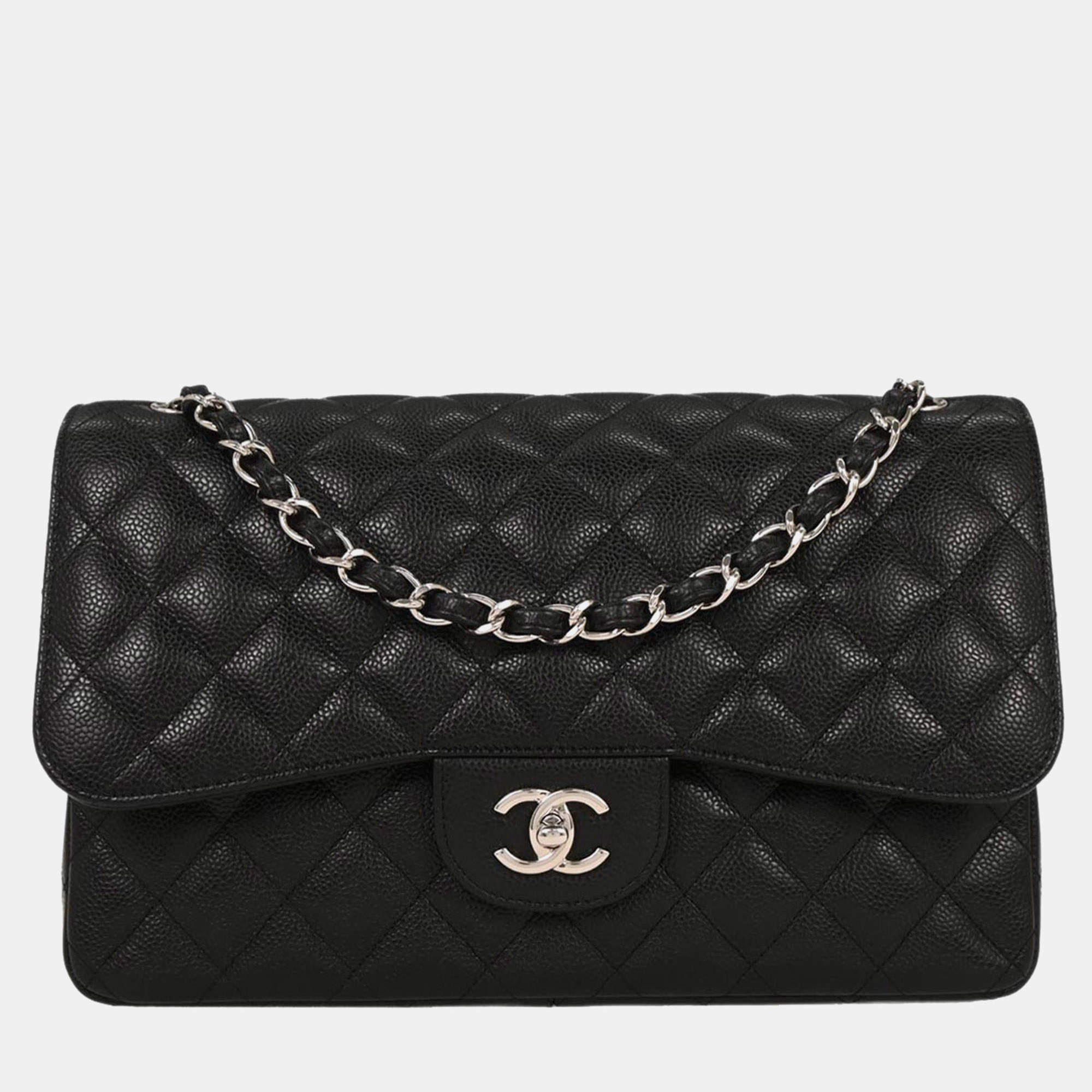 Pre Owned حقيبة شانيل كلاسيكية سوداء كبيرة مزدوجة من جلد العجل بشريط مزدوج