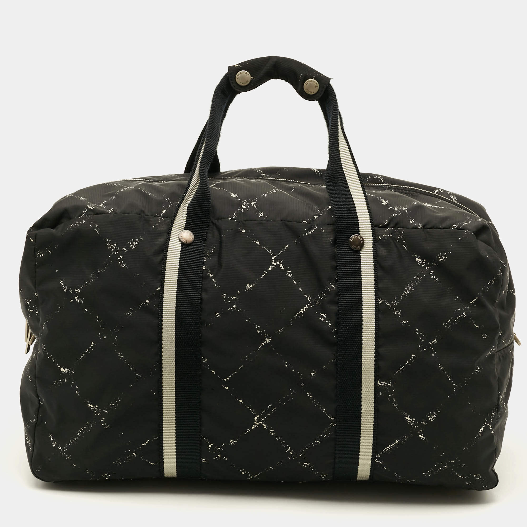 Pre Owned Chanel Travel Line Black/White Quilted Print Nylon Duffel Bag