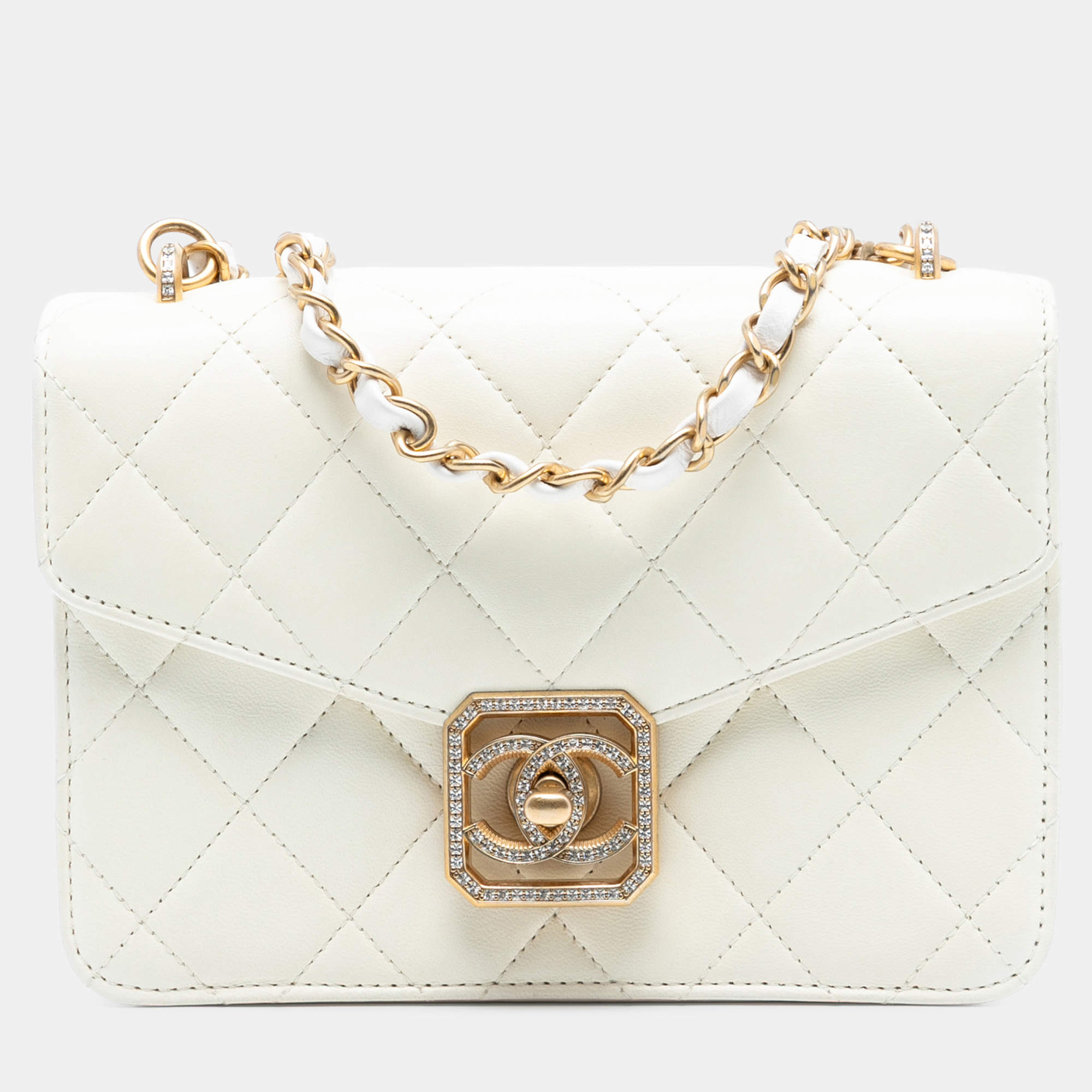 Pre Owned Chanel White Quilted Lambskin Crystal Geometric CC Frame Flap