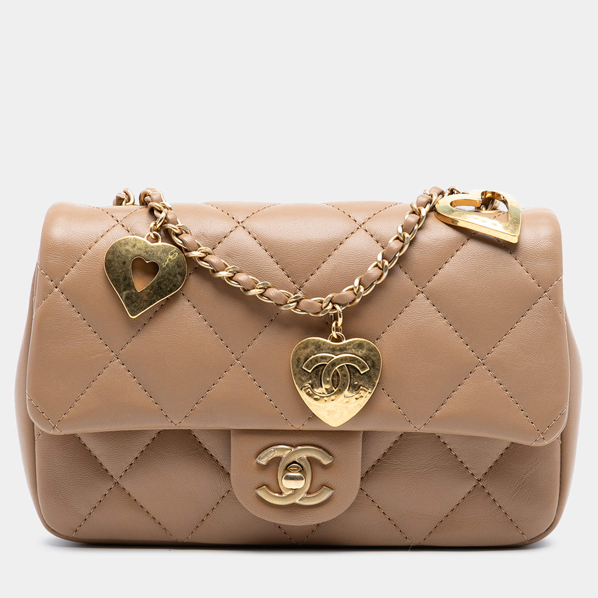 Pre Owned Chanel Brown Mini Rectangular Quilted Lambskin Heart Charms Flap
