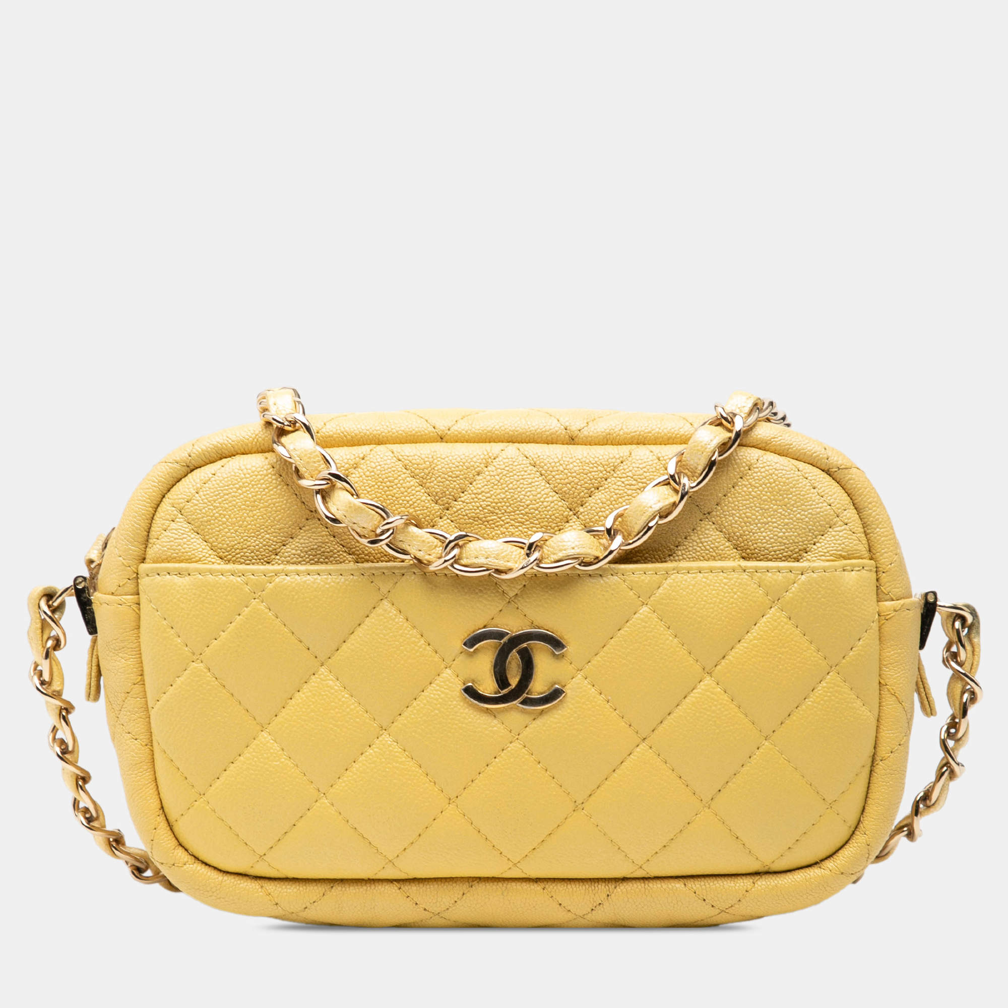 مملوكة مسبقًا Chanel Yellow Mini Quilted Iridescent Caviar Camera Case