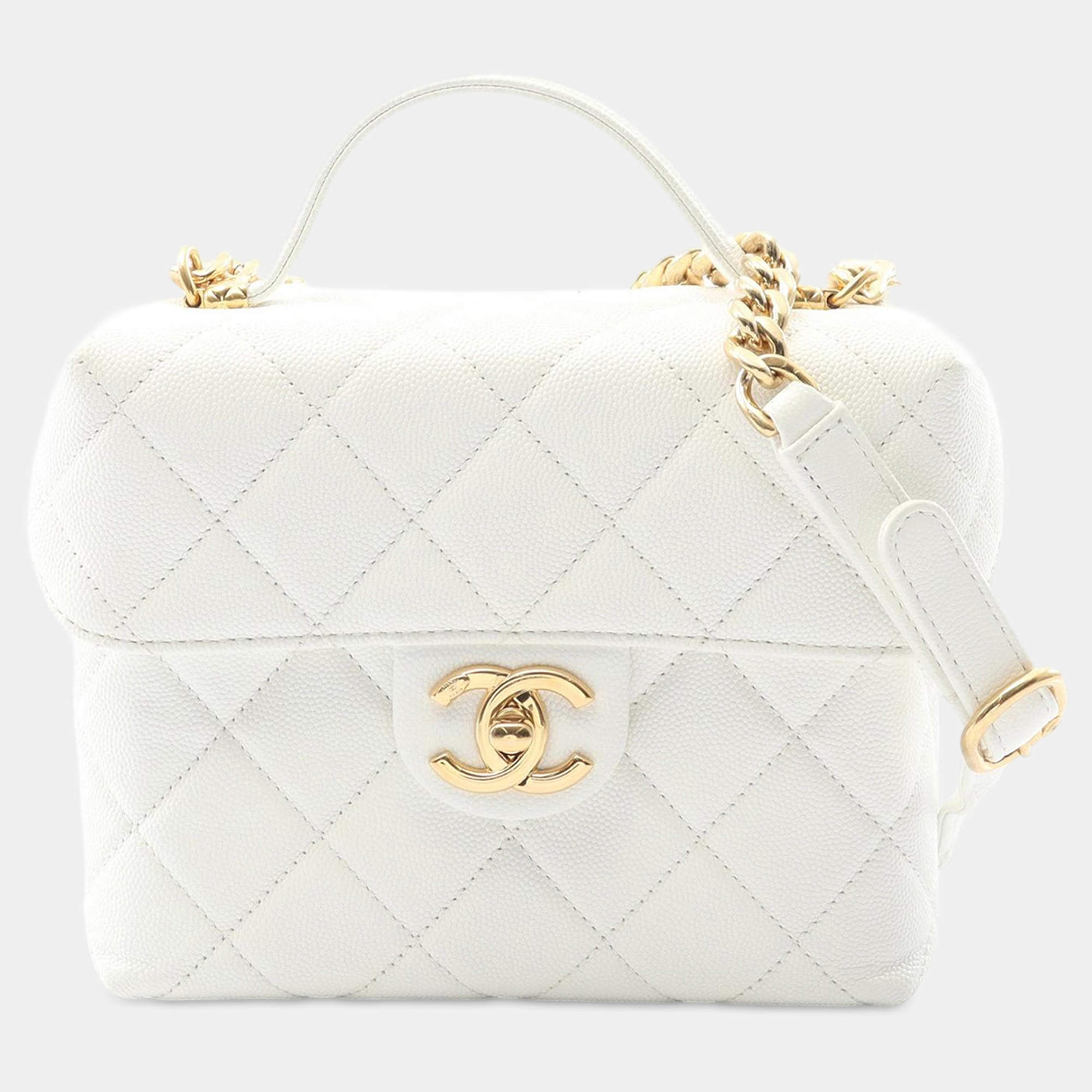 مملوكة مسبقًا Chanel White Quilted Caviar Handy Box Vanity Case with Chain
