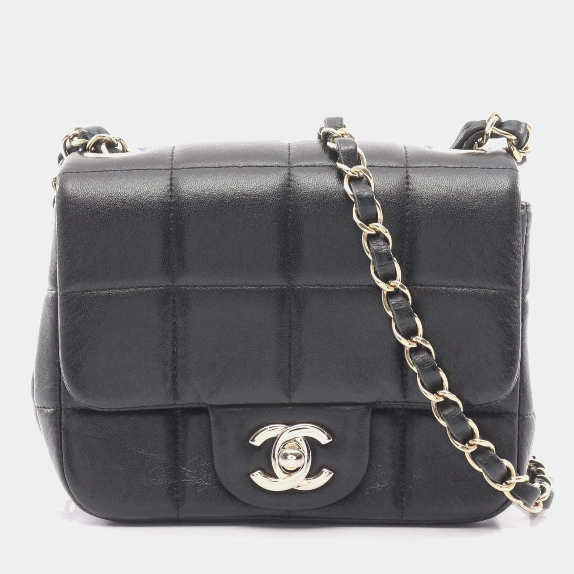 Pre Owned Chanel Chocobar Mini Flap Shoulder Bag In Lambskin Leather Black