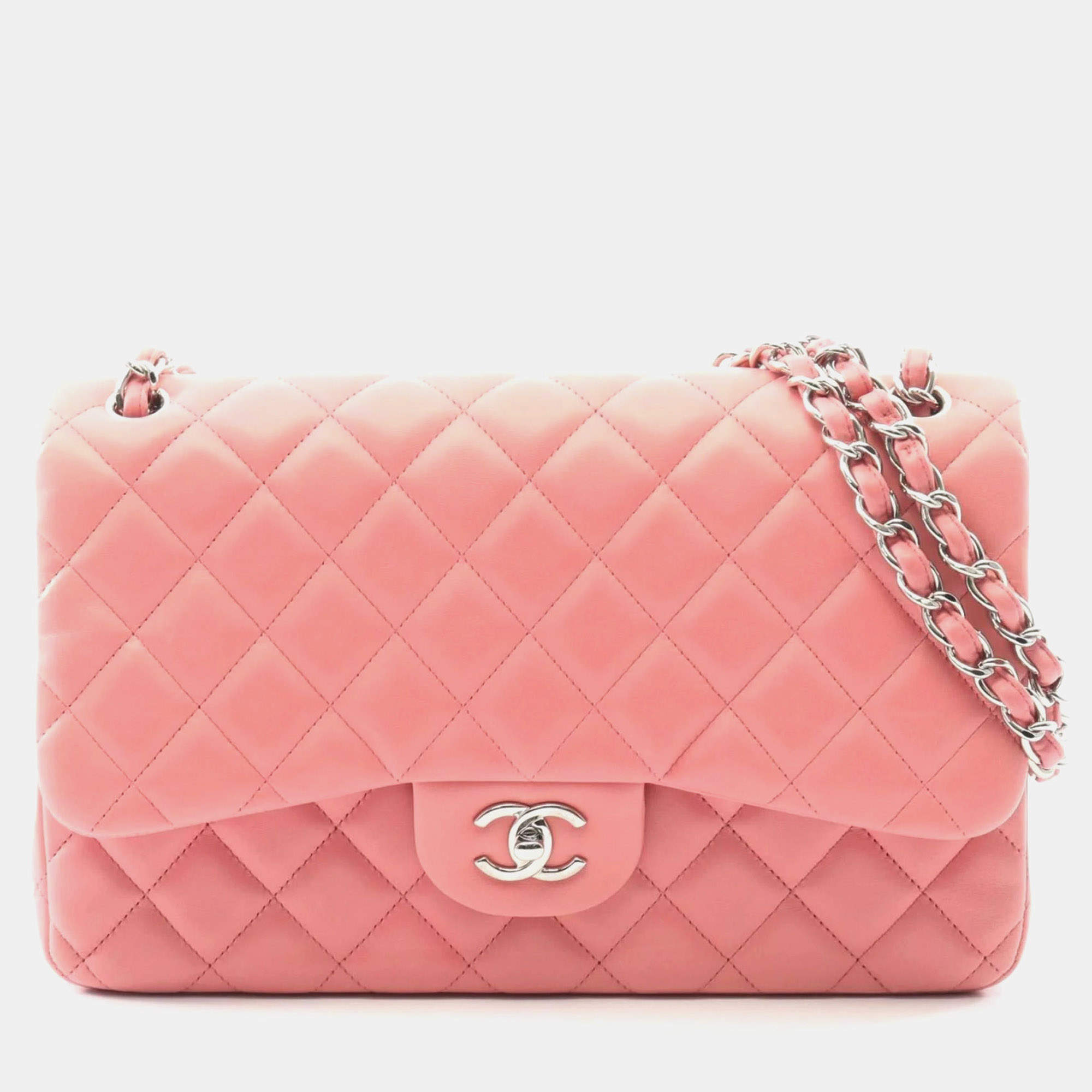 Pre Owned Chanel Deca Matelasse 30 Classic Large Double-Flap Shoulder Bag In Lambskin Leather Pink