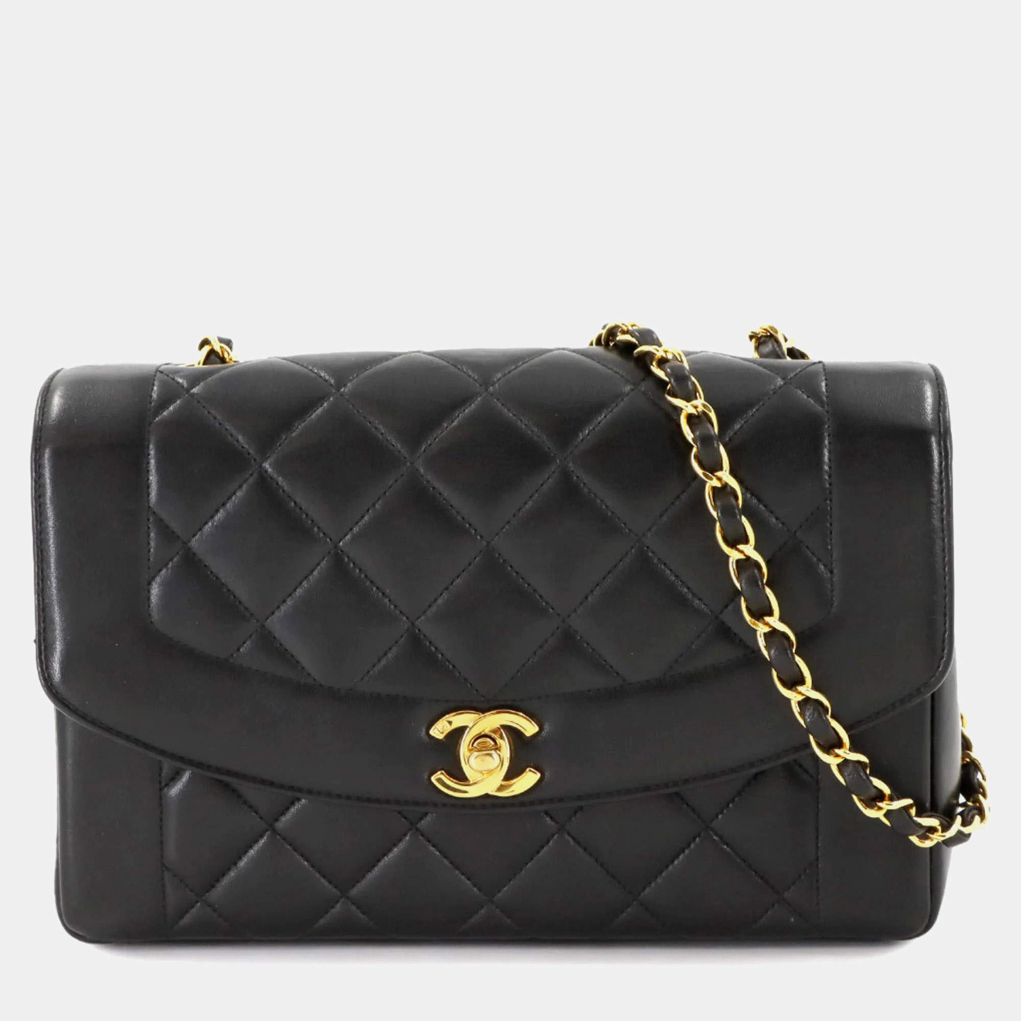 Pre Owned Chanel Diana Matelasse Chain Shoulder Bag In Black Lambskin