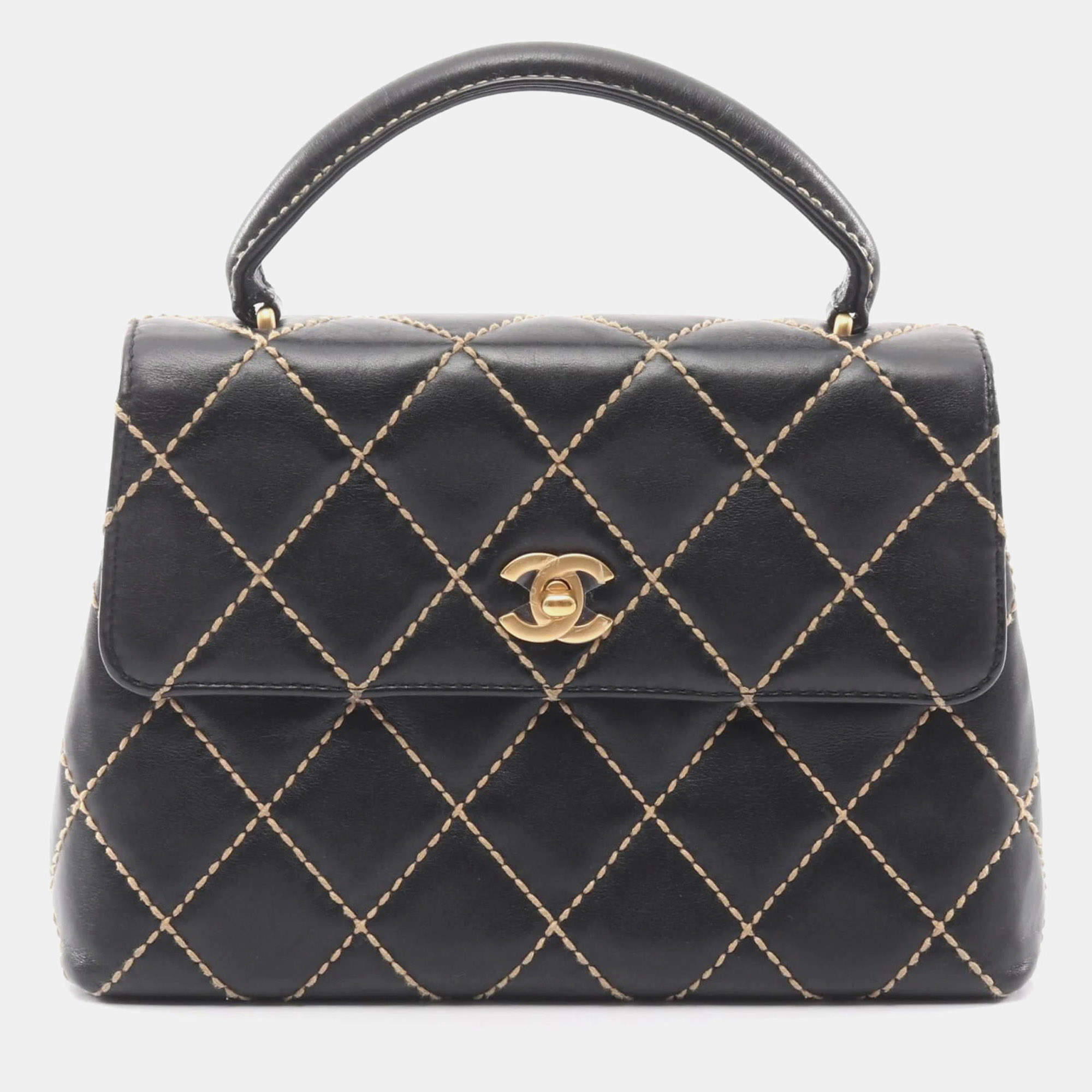 Pre Owned Chanel Wild Stitch Top Handle Handbag Leather Black