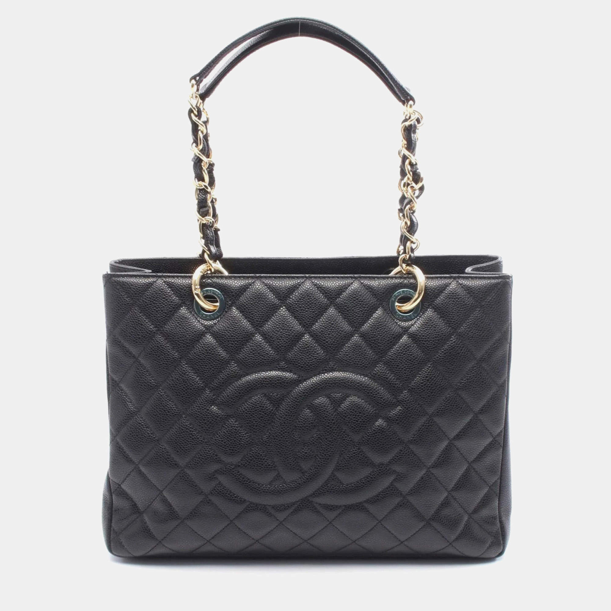 Pre Owned Chanel Matelasse Grand Shopping Gst Tote Bag In Grained Calfskin Leather Black