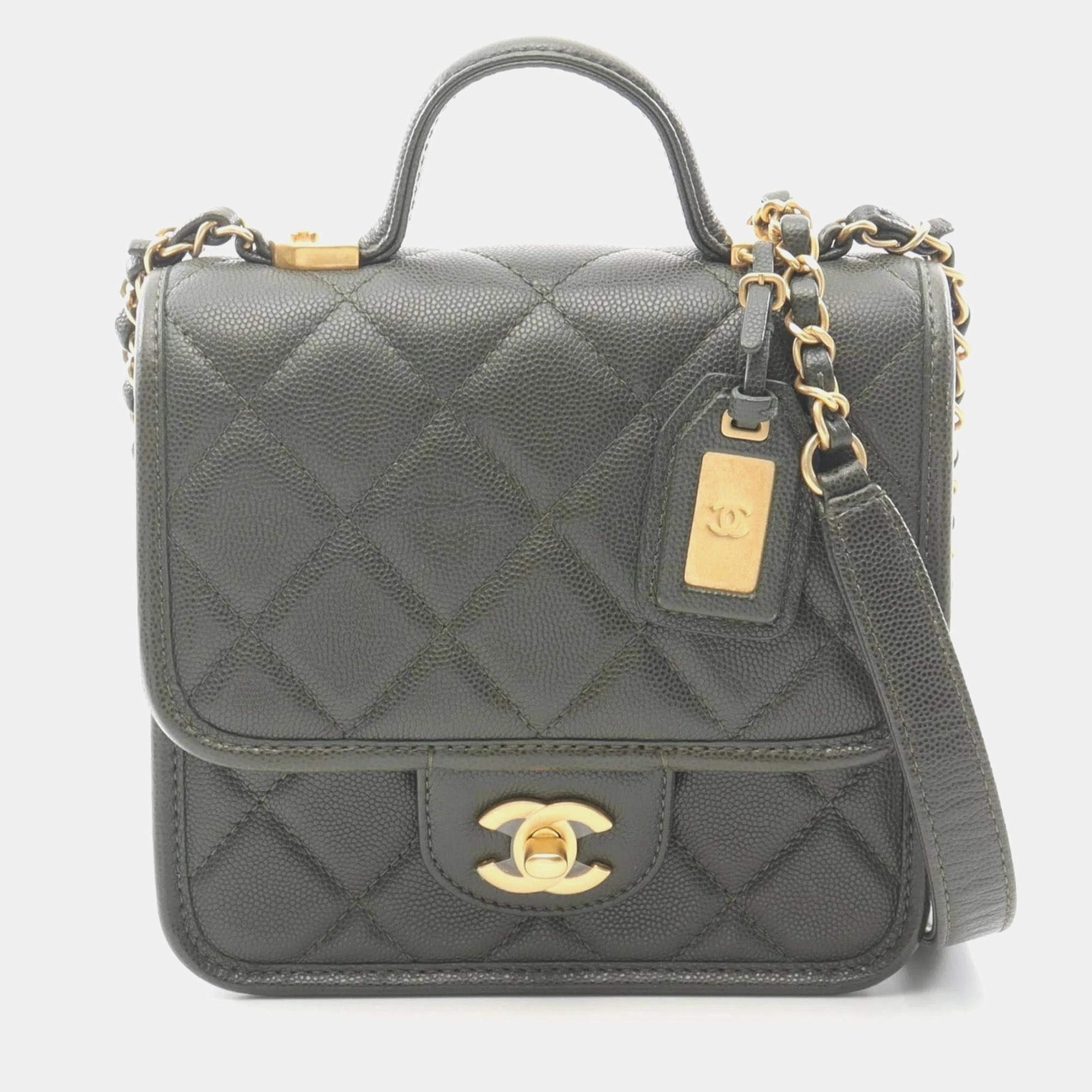 Pre Owned Chanel Small Top Handle Matelasse Shoulder Bag In Grained Calfskin Leather Khaki