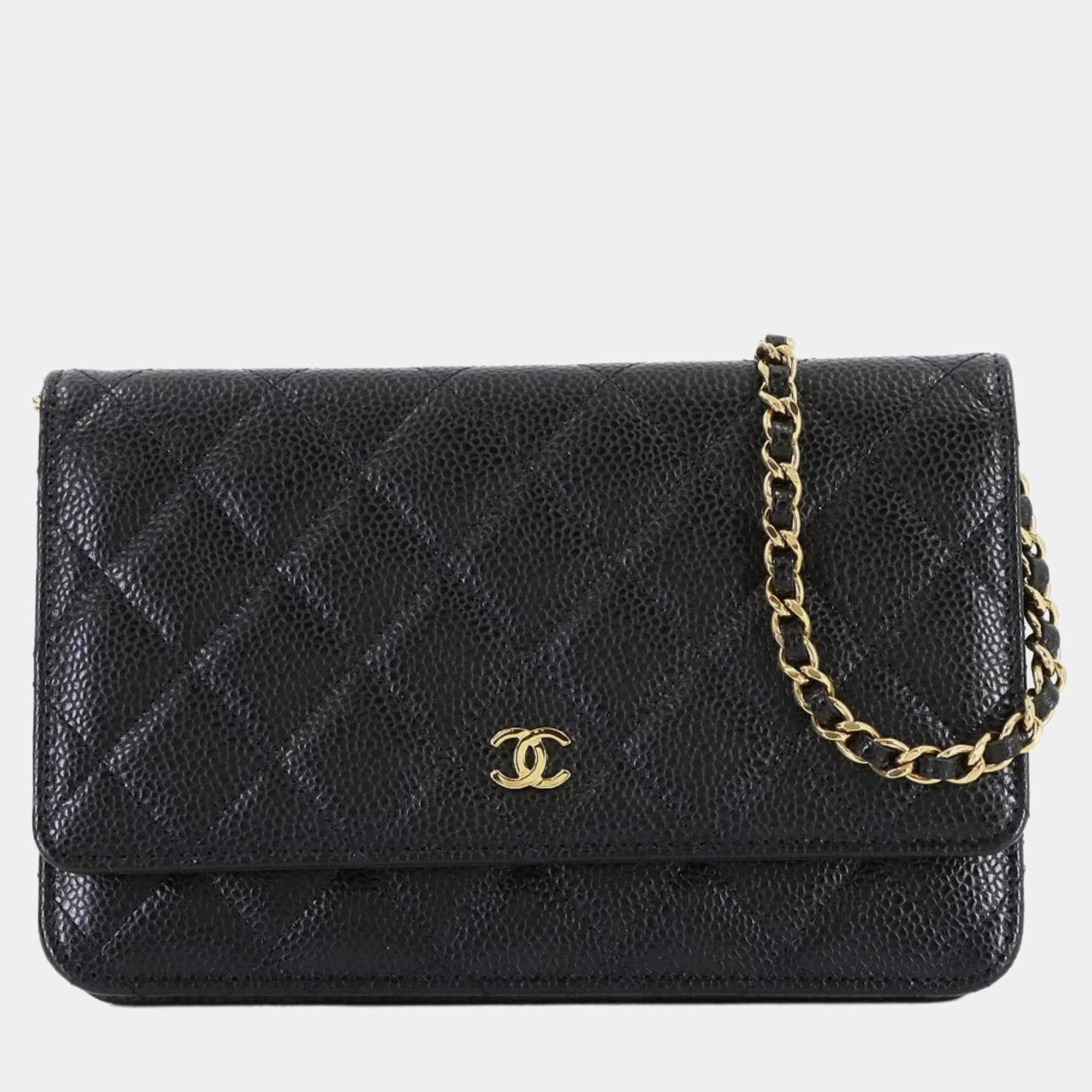 Pre Owned Chanel Matelasse Classic Chain Wallet In Black Caviar Leather