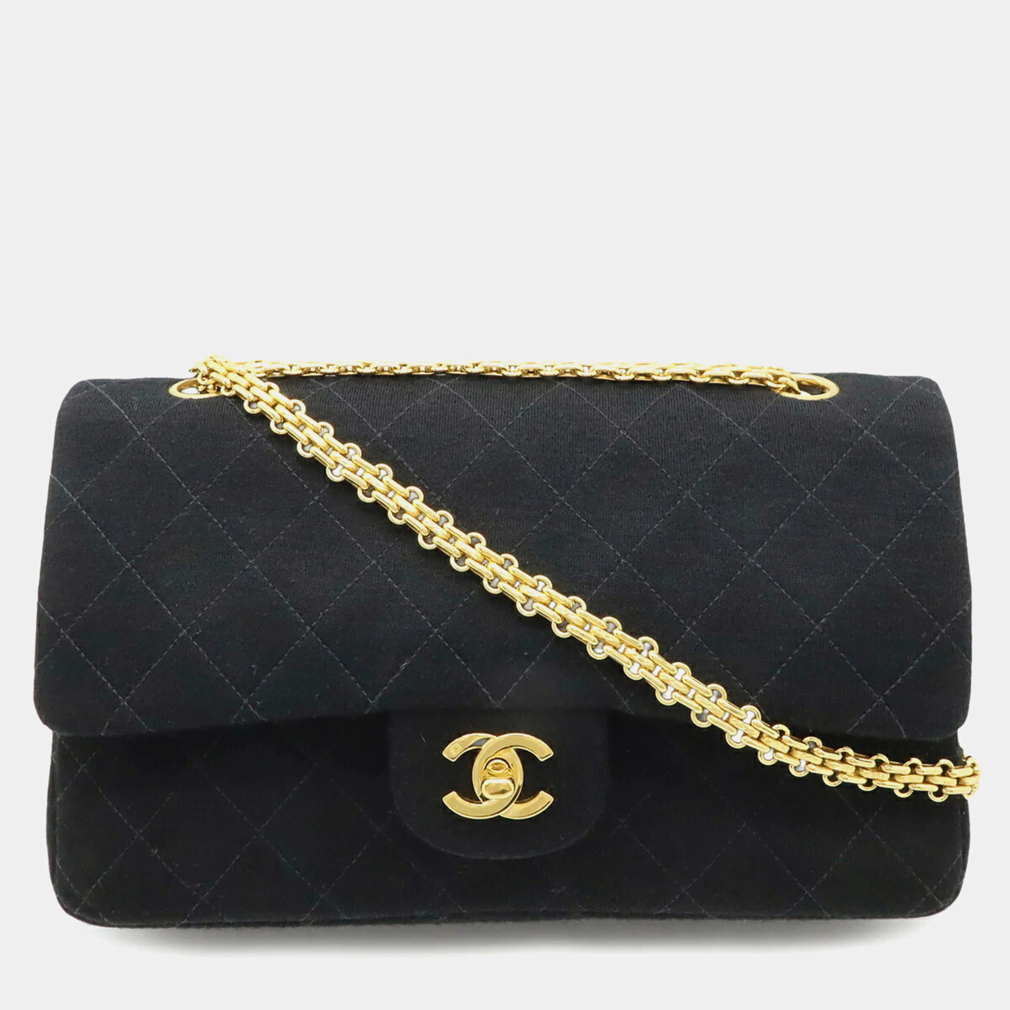 Pre Owned Chanel Matelasse 25 Coco Mark Double Flap Chain Shoulder Bag Black Cotton Jersey