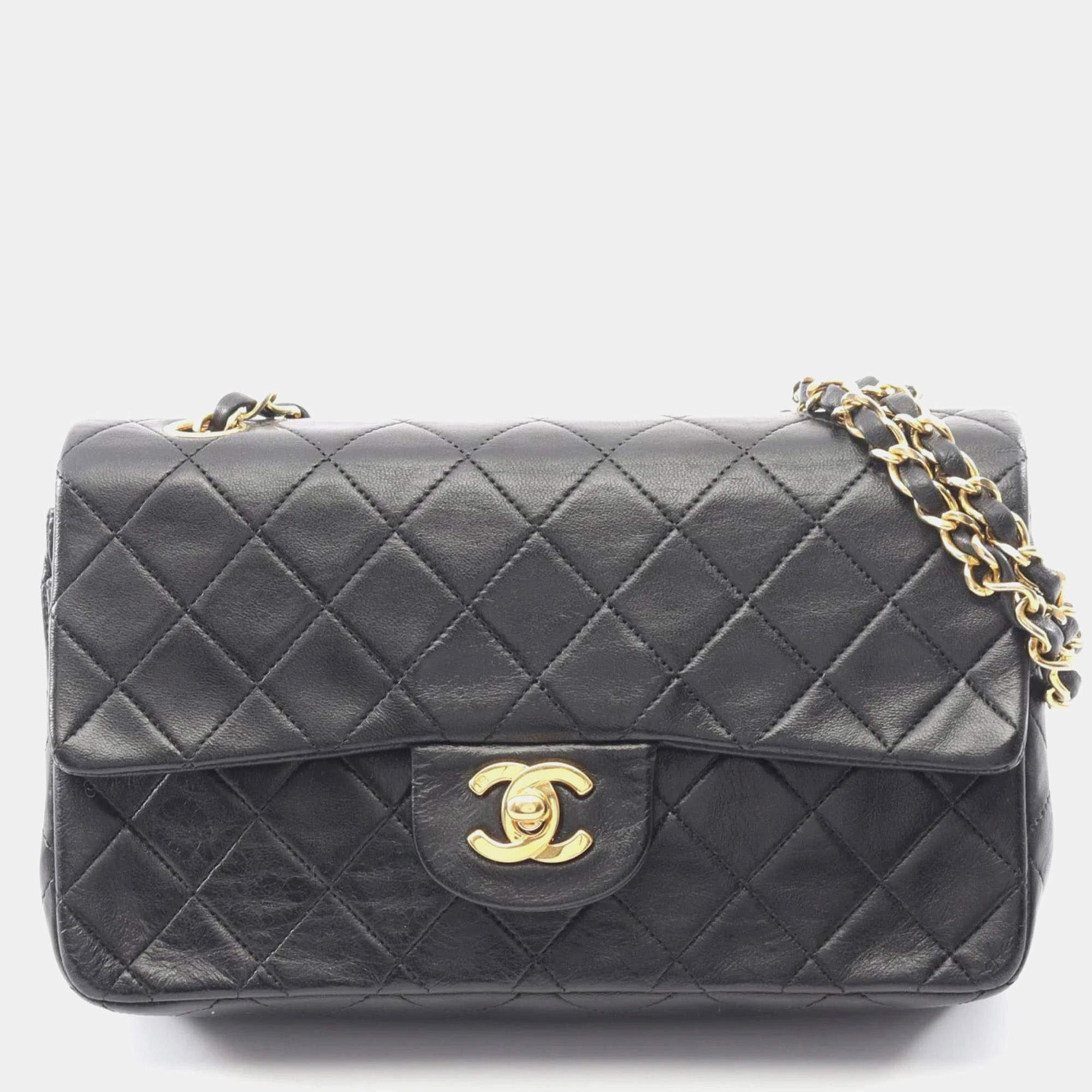 Pre Owned Chanel Matelasse Double Flap Shoulder Bag In Lambskin Leather Black