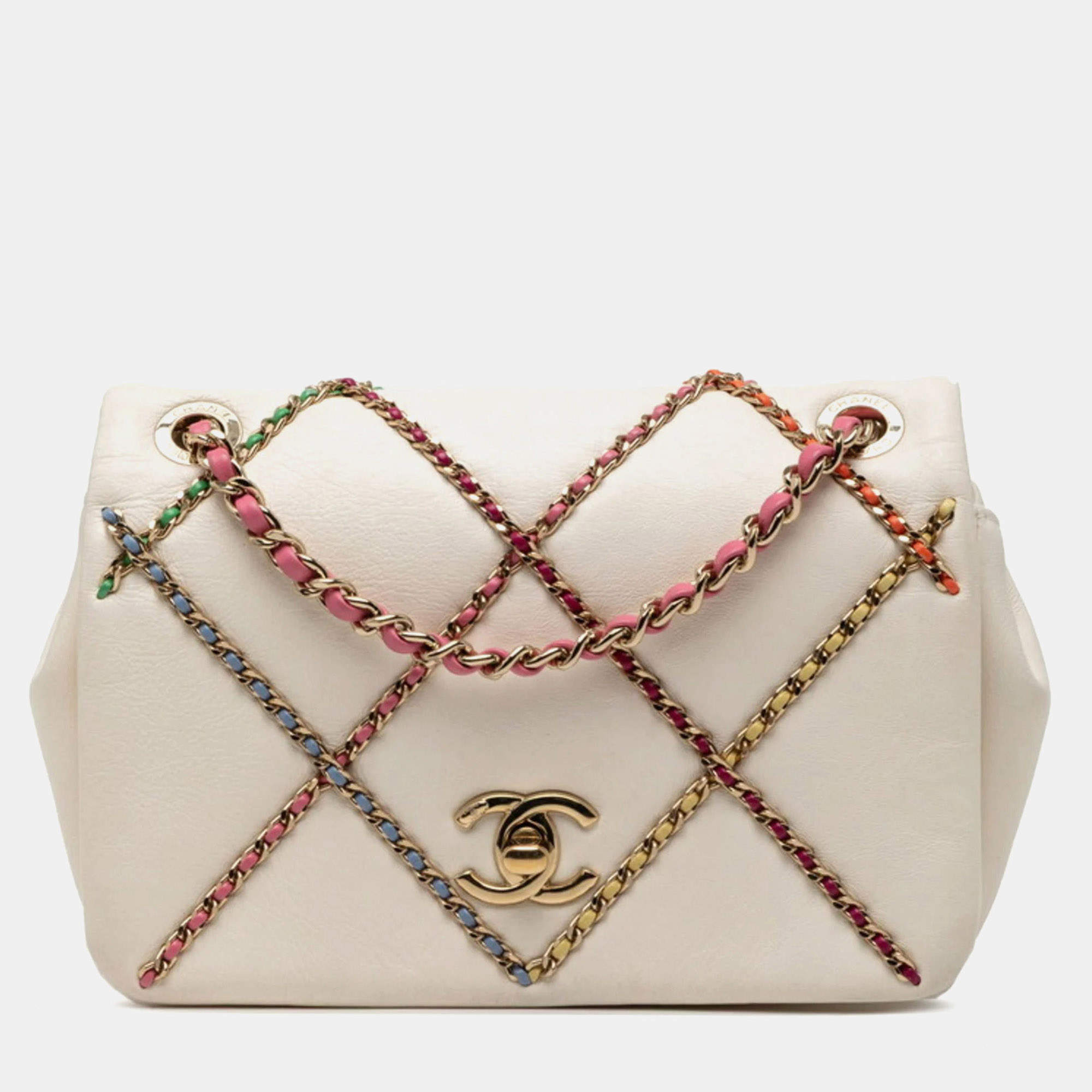 Pre Owned Chanel Coco Mark Chain Shoulder Bag In White And Multicolored Lambskin