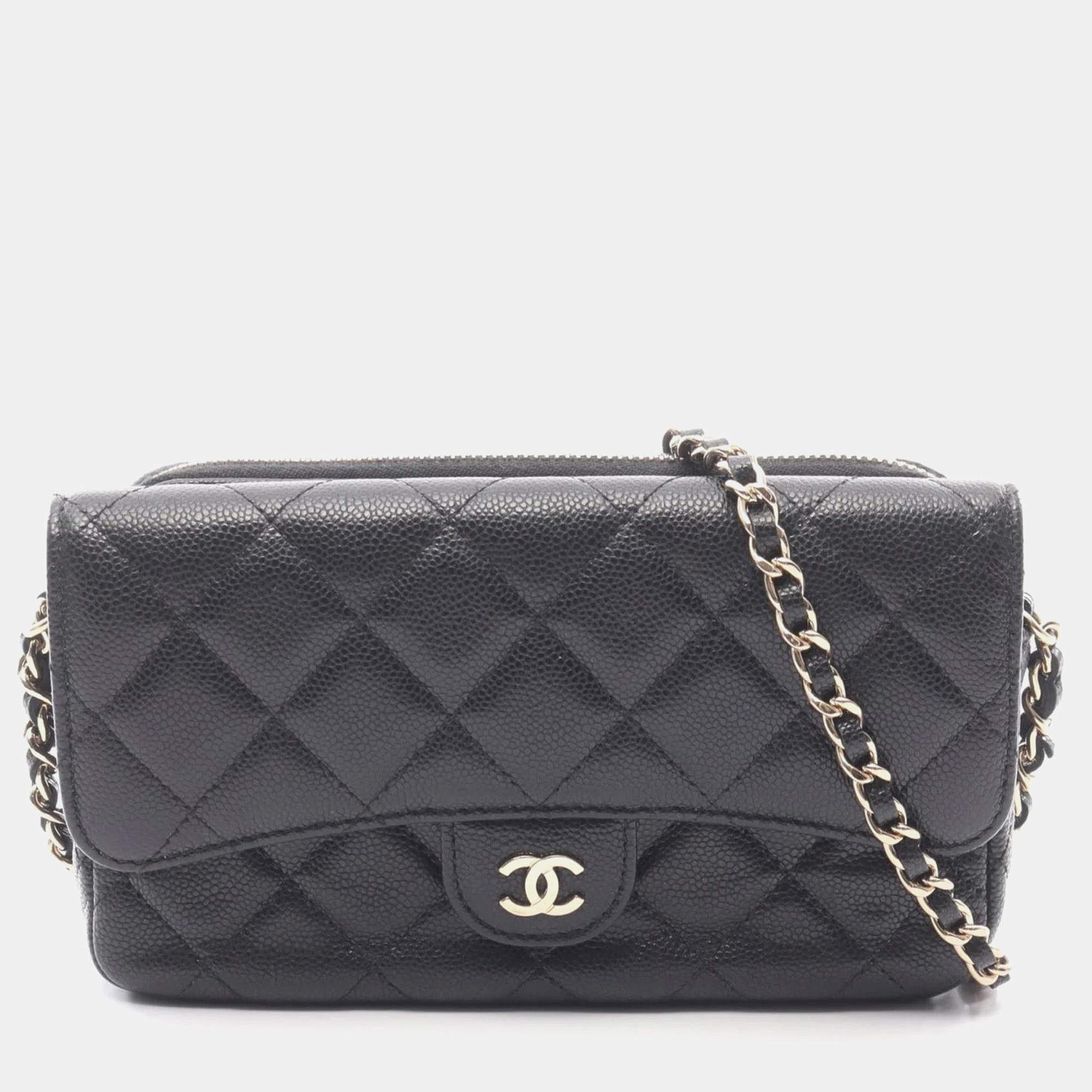Pre Owned Chanel Matelasse Chain Phone Case Wallet Shoulder Bag In Calfskin Leather Black