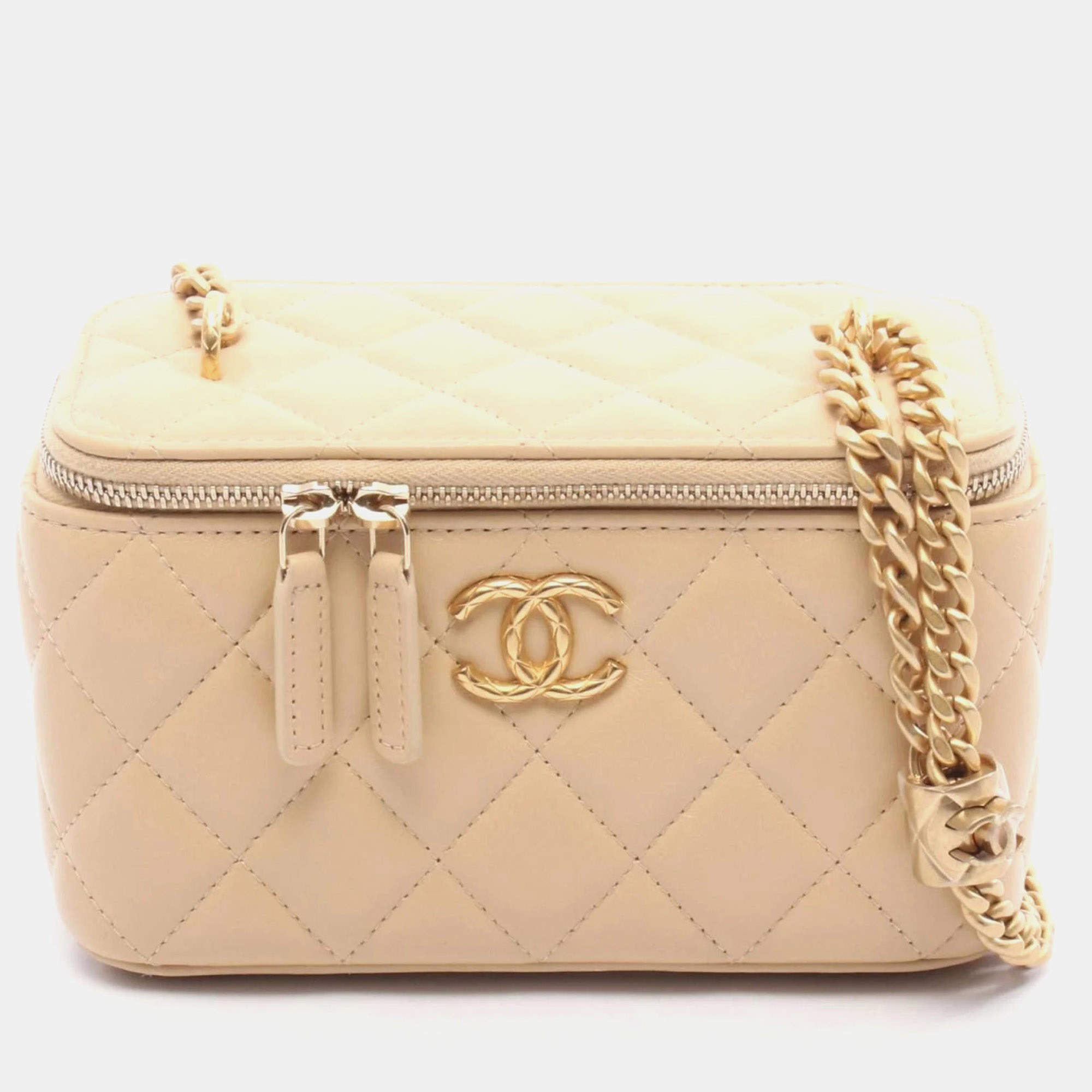 Pre Owned Chanel Matelasse Vanity Shoulder Bag Leather Beige