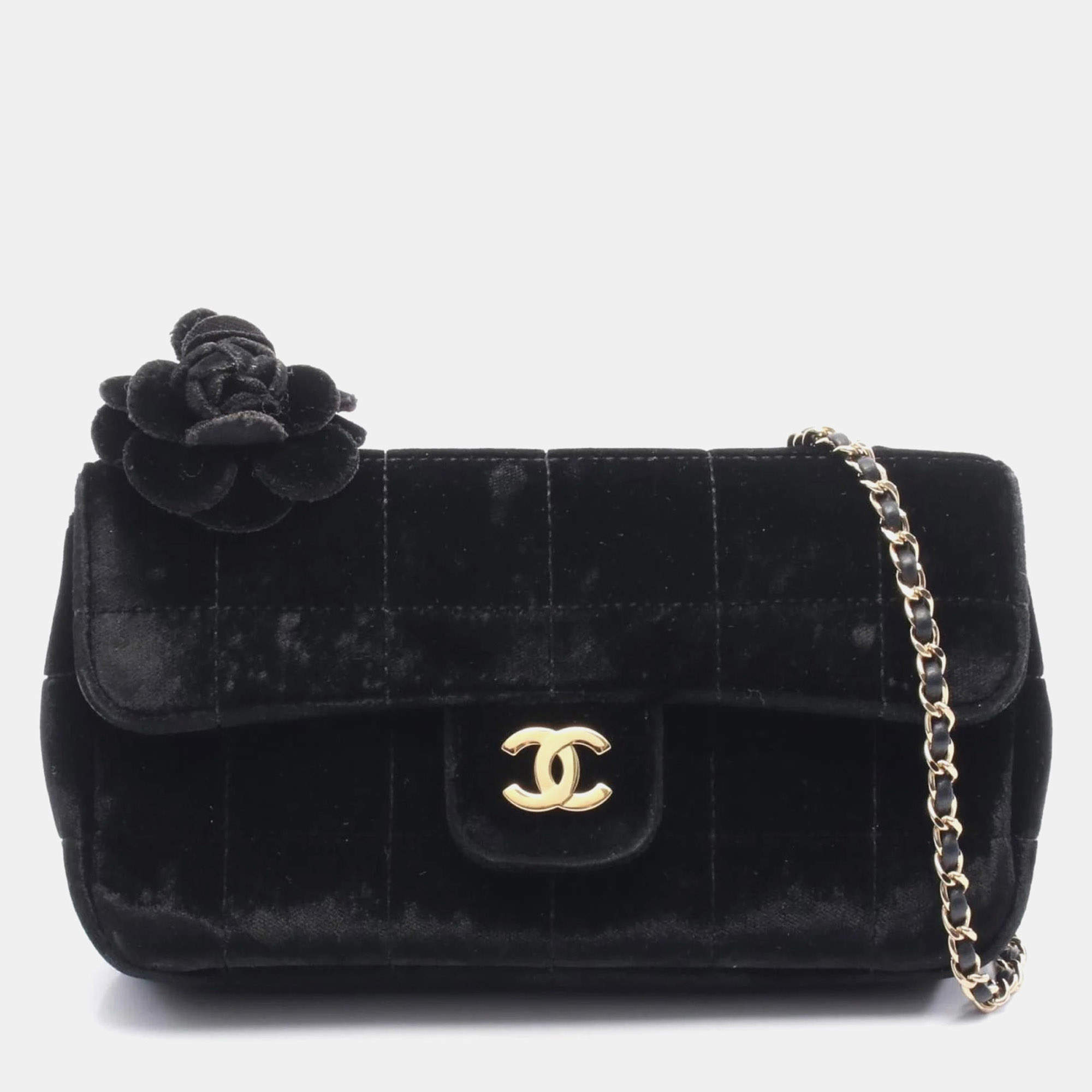 Pre Owned Chanel Chocolate Bar Camellia Shoulder Bag Fabric Black