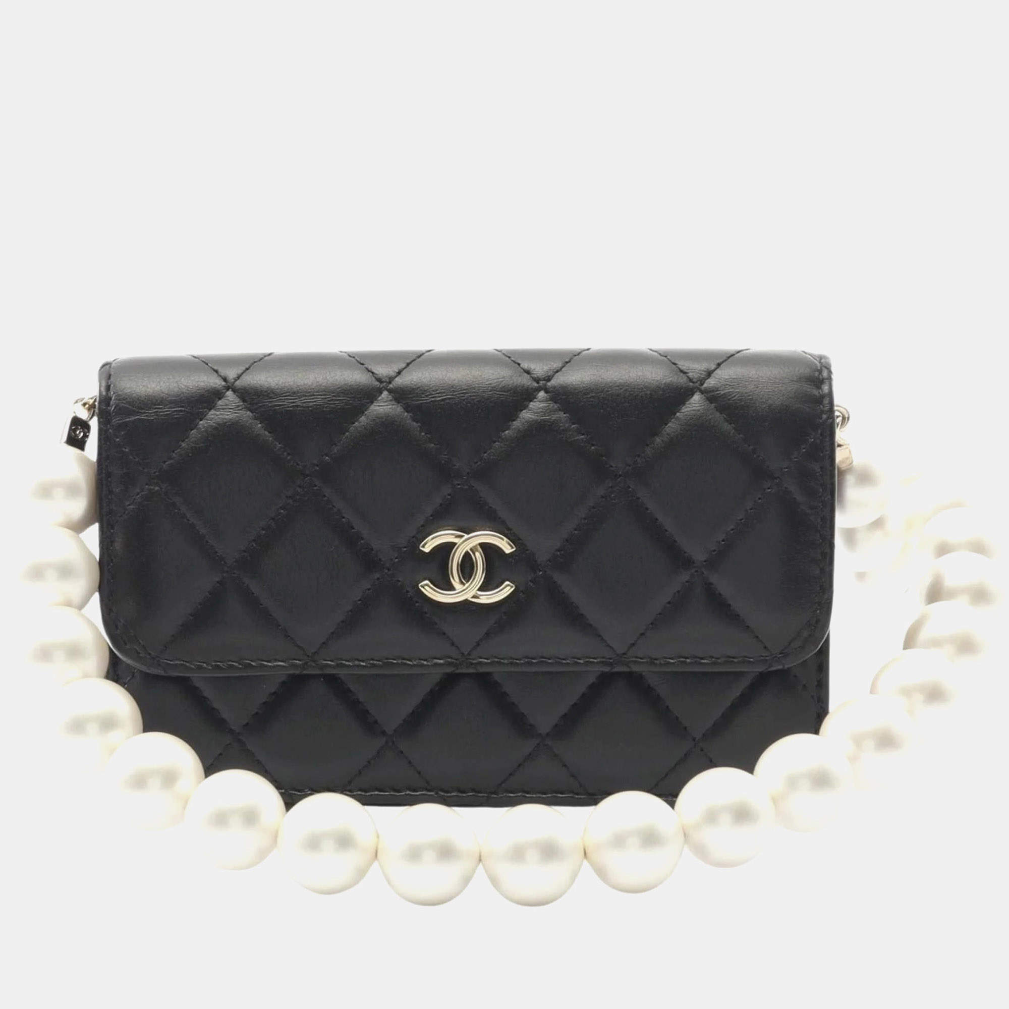 Pre Owned Chanel Matelasse Pearl Chain Shoulder Bag Lambskin Leather Black