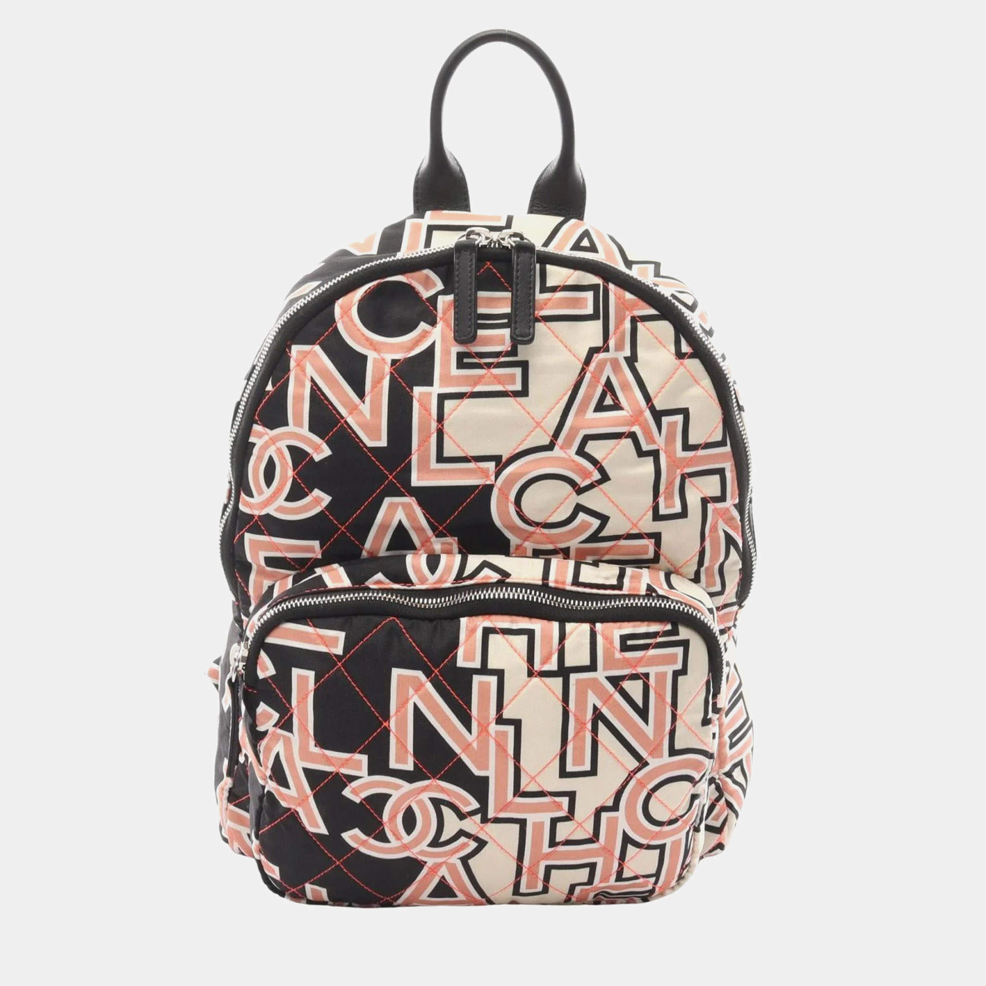 Pre Owned Chanel Matelasse Neon Backpack Canvas Black Ivory Pink