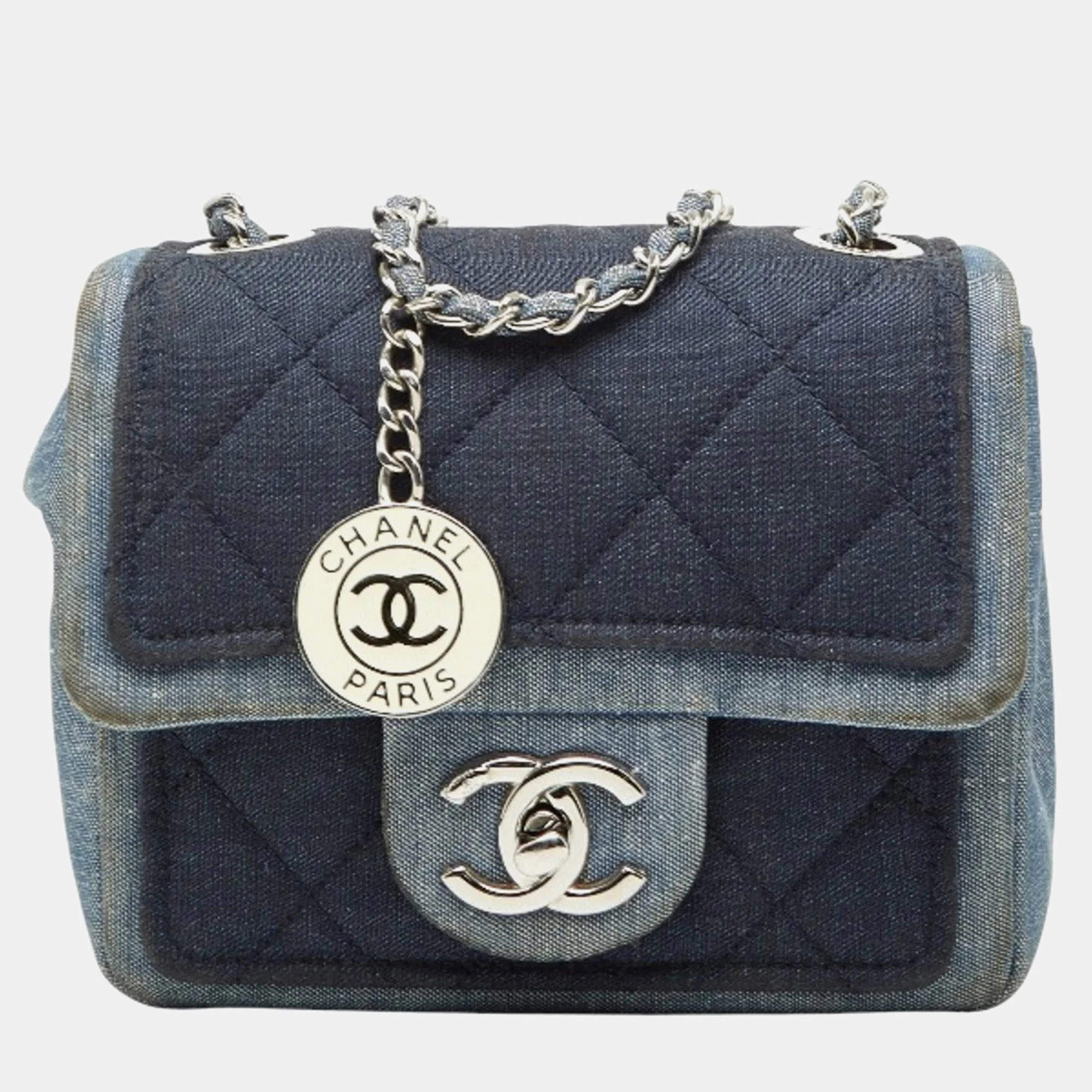 Pre Owned Chanel Mini Matelasse Coco Mark Chain Shoulder Bag In Indigo Blue Denim