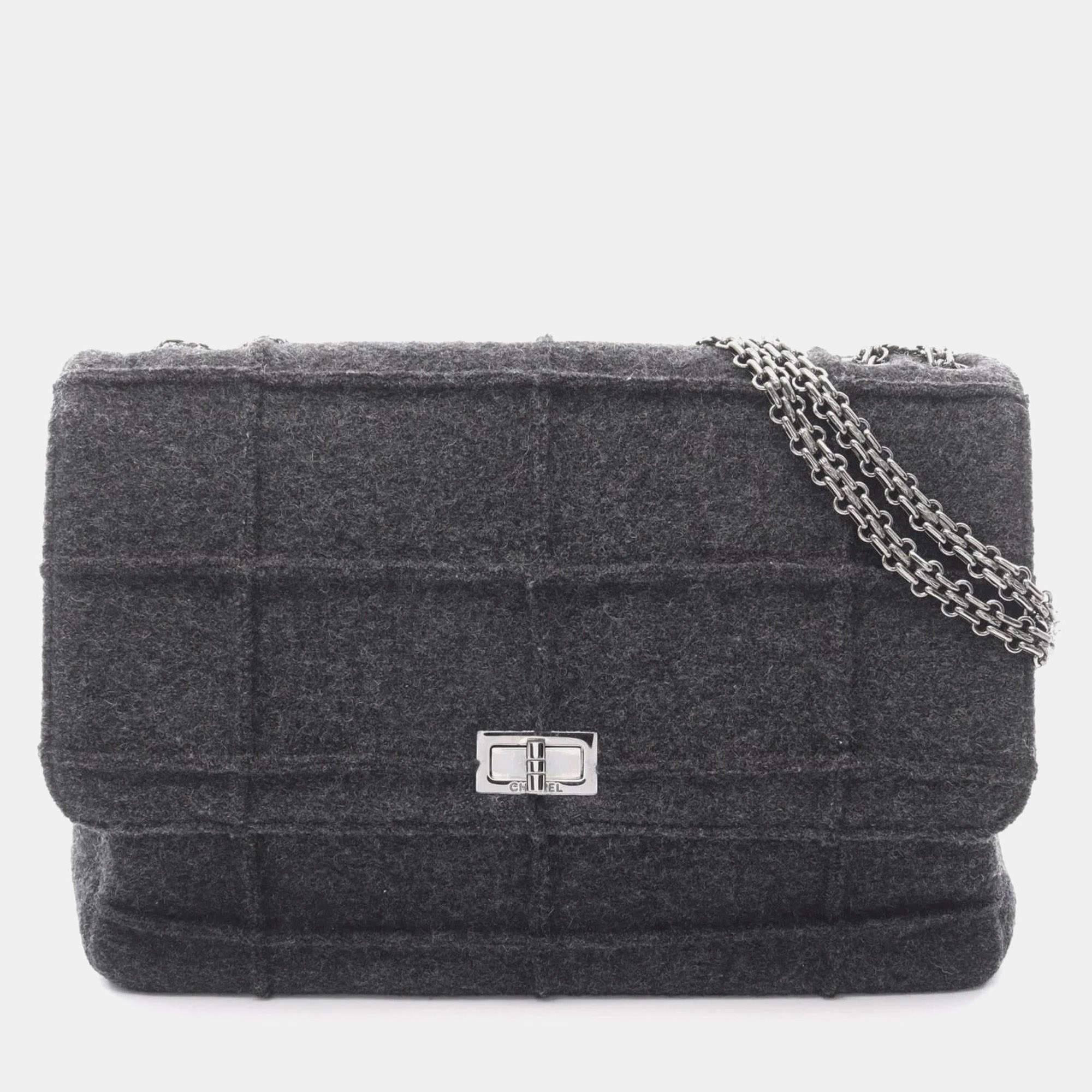 Pre Owned Chanel 2.55 Chocobar Shoulder Bag Wool Gray