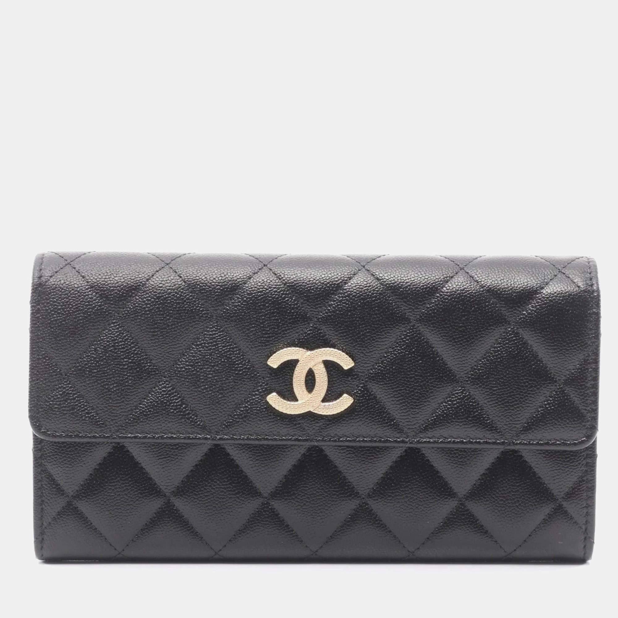 مملوكة مسبقًا Chanel Matelasse Bifold Long Wallet In Grained Calfskin Leather Black