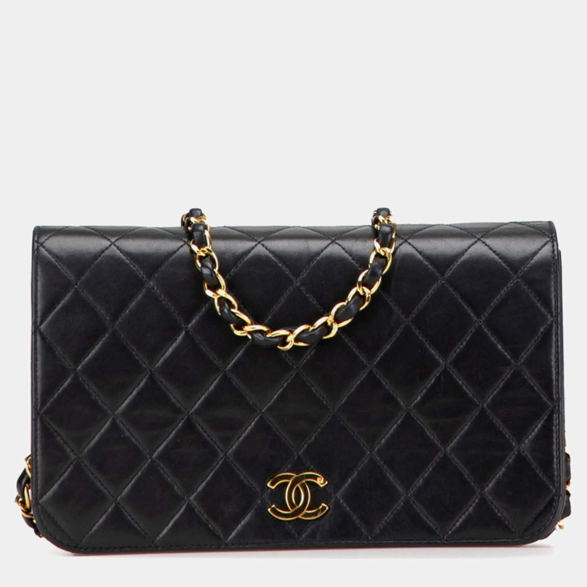 Pre Owned Chanel Matelasse Coco Mark Full Flap Push Lock Chain Shoulder Bag In Black Lambskin