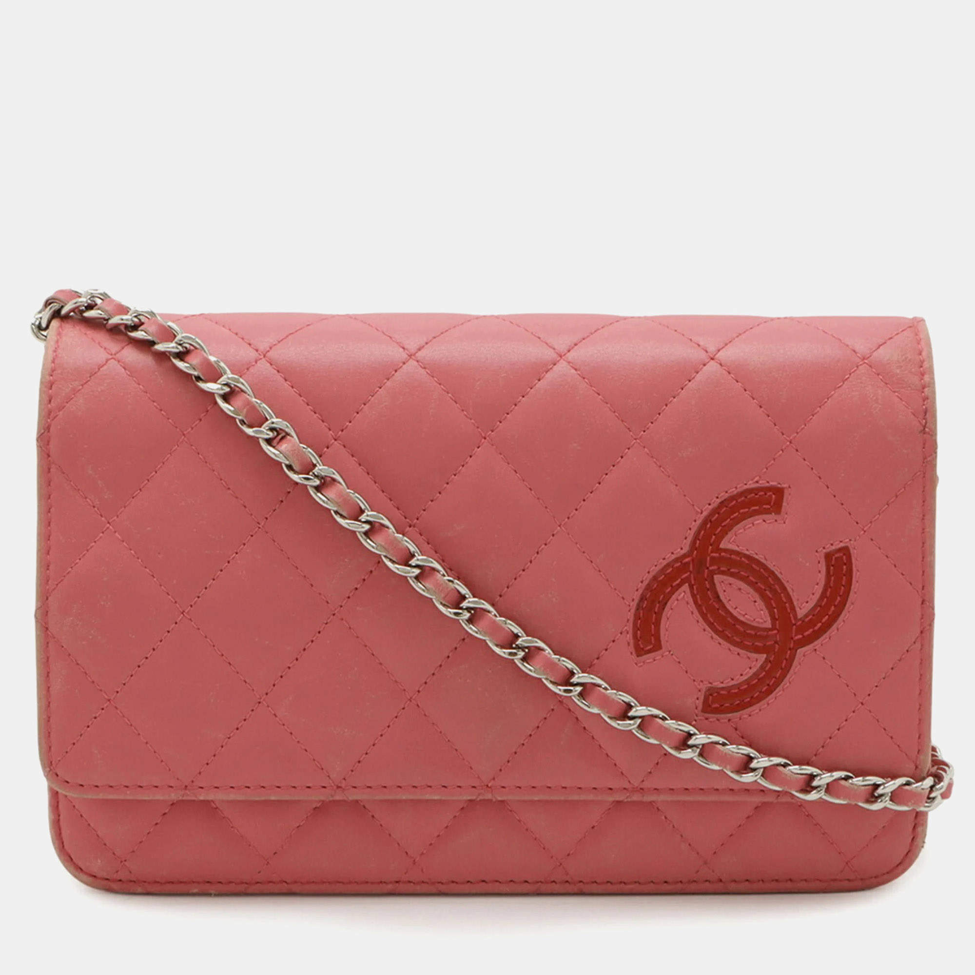 Pre Owned Chanel Simply Cc Matelasse Coco Mark Chain Wallet Shoulder Bag Pochette Leather Pink Red