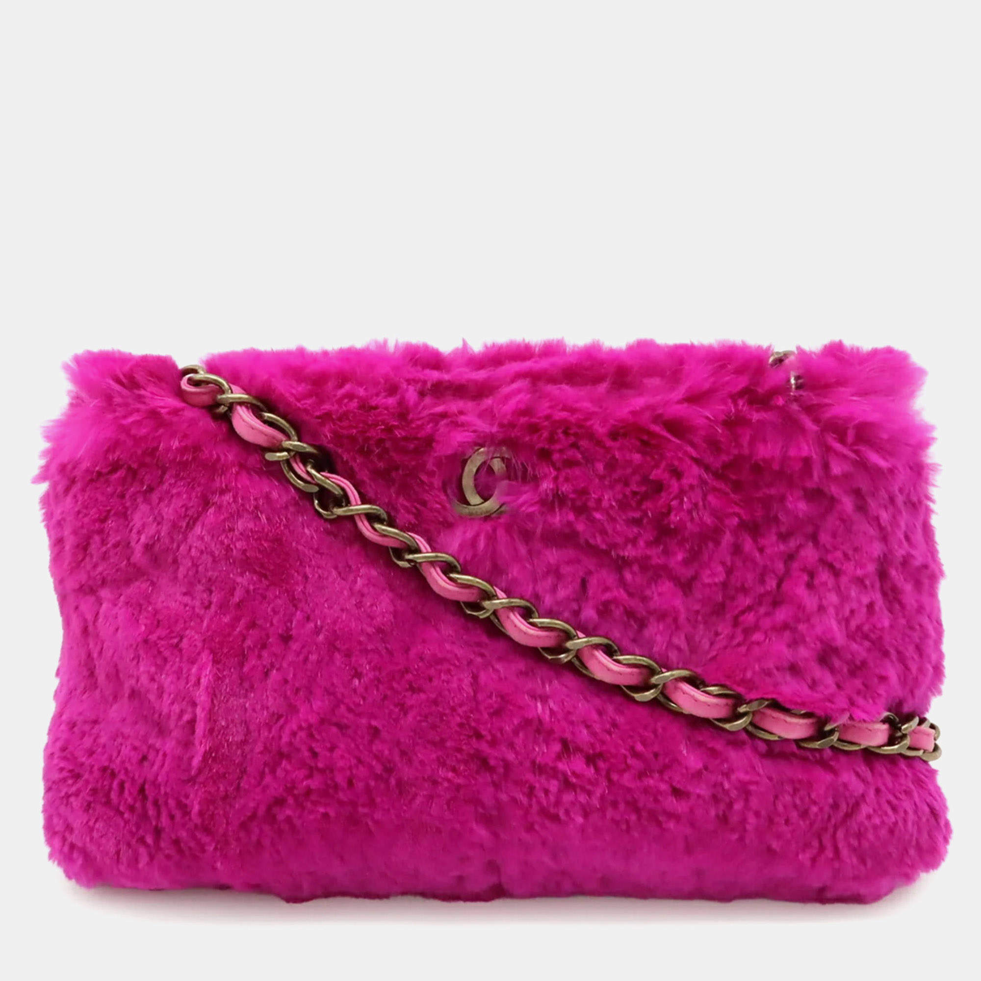 Pre Owned Chanel Lapin Rabbit Fur Coco Mark Chain Bag Shoulder Leather Purple Pink