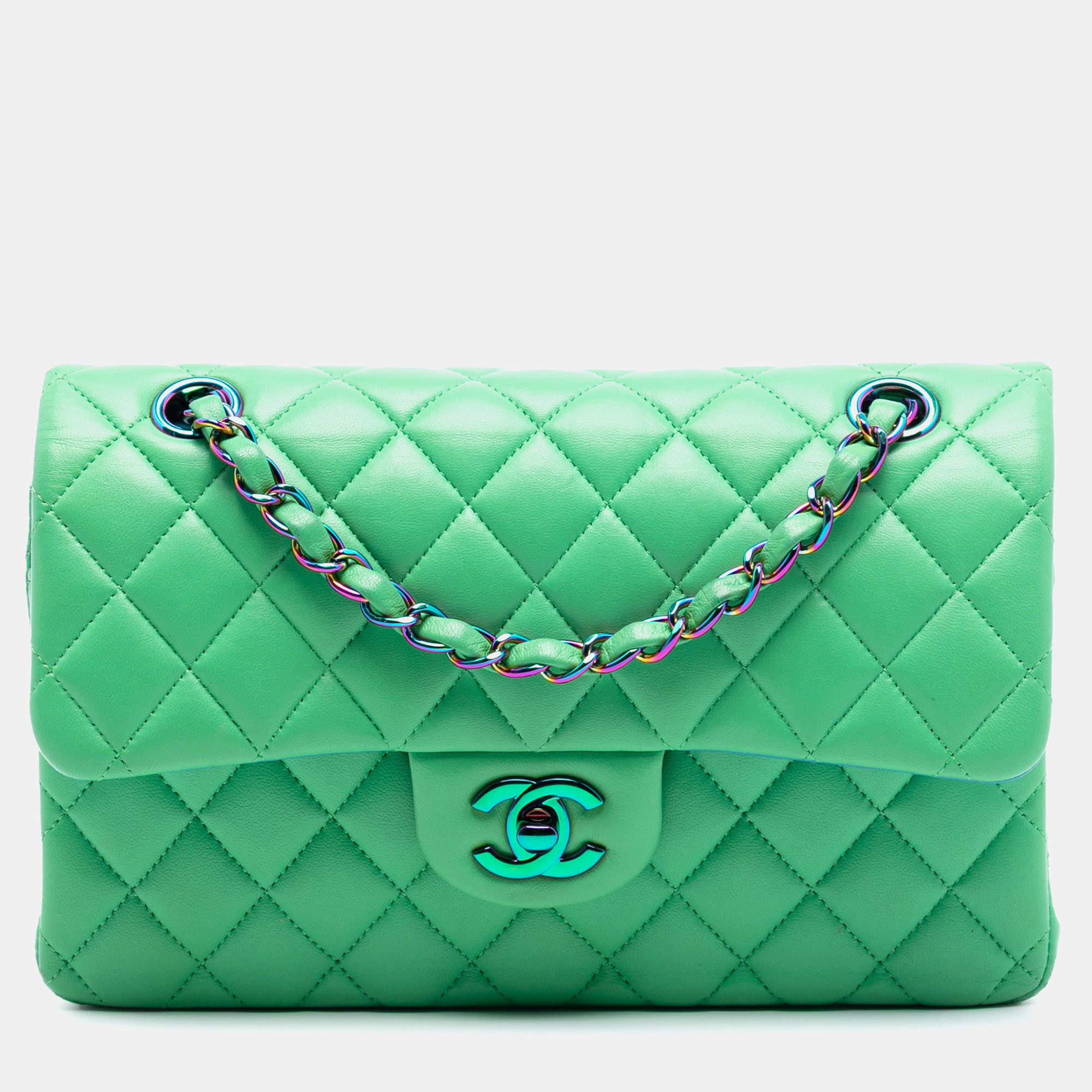 Pre Owned Chanel Green Small Classic Lambskin Rainbow Hardware Double Flap