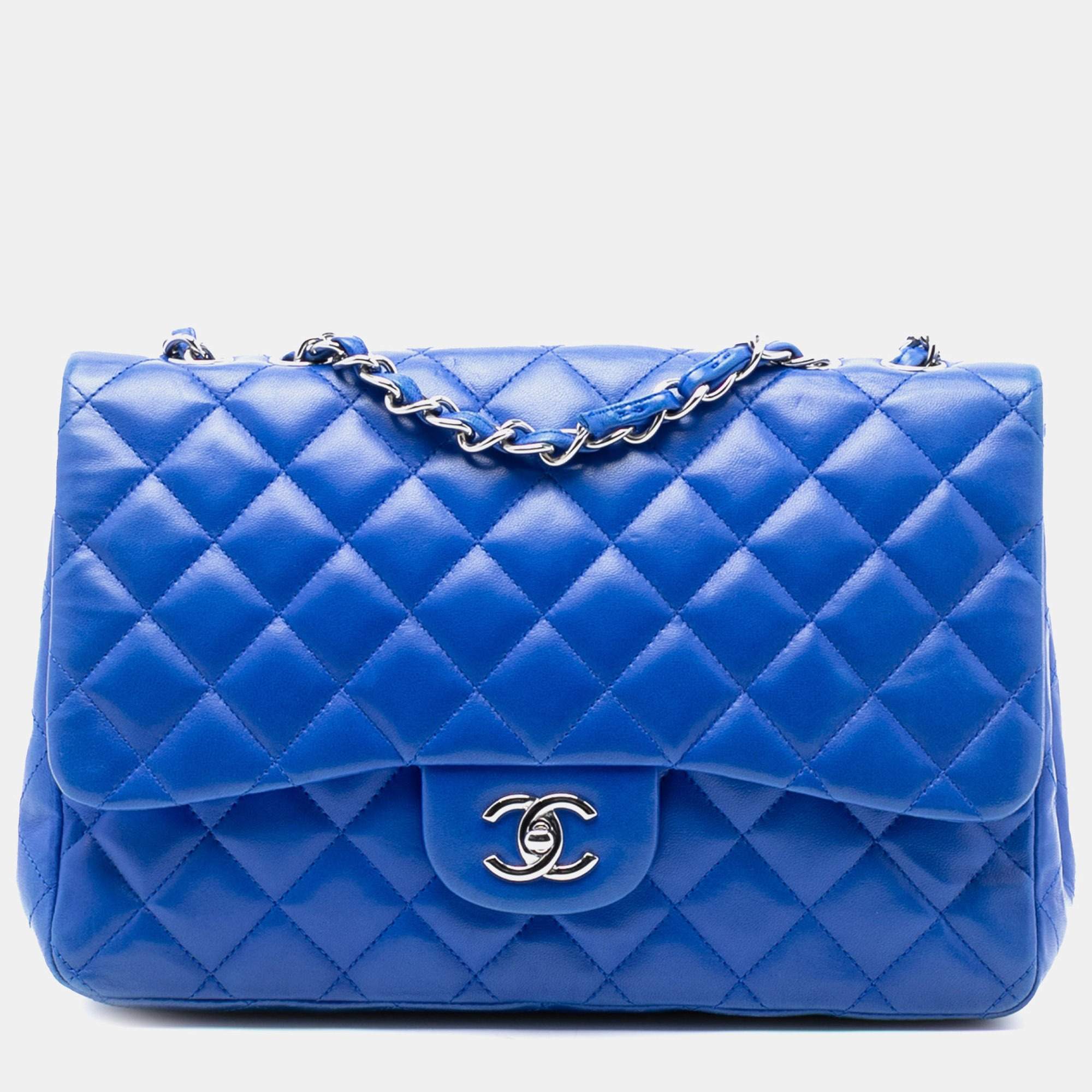 Pre Owned Chanel Blue Jumbo Classic Lambskin Single Flap