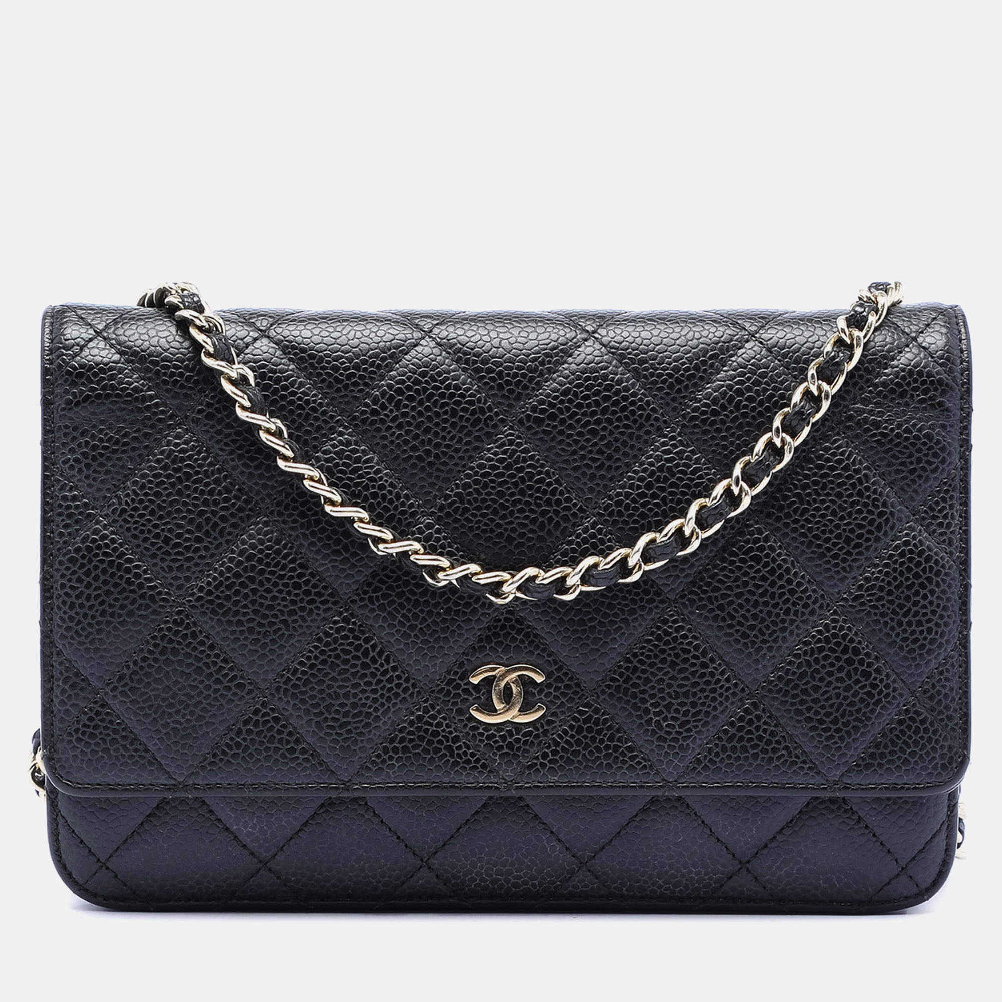 Pre Owned Chanel Black CC Quilted Caviar Wallet on Chain