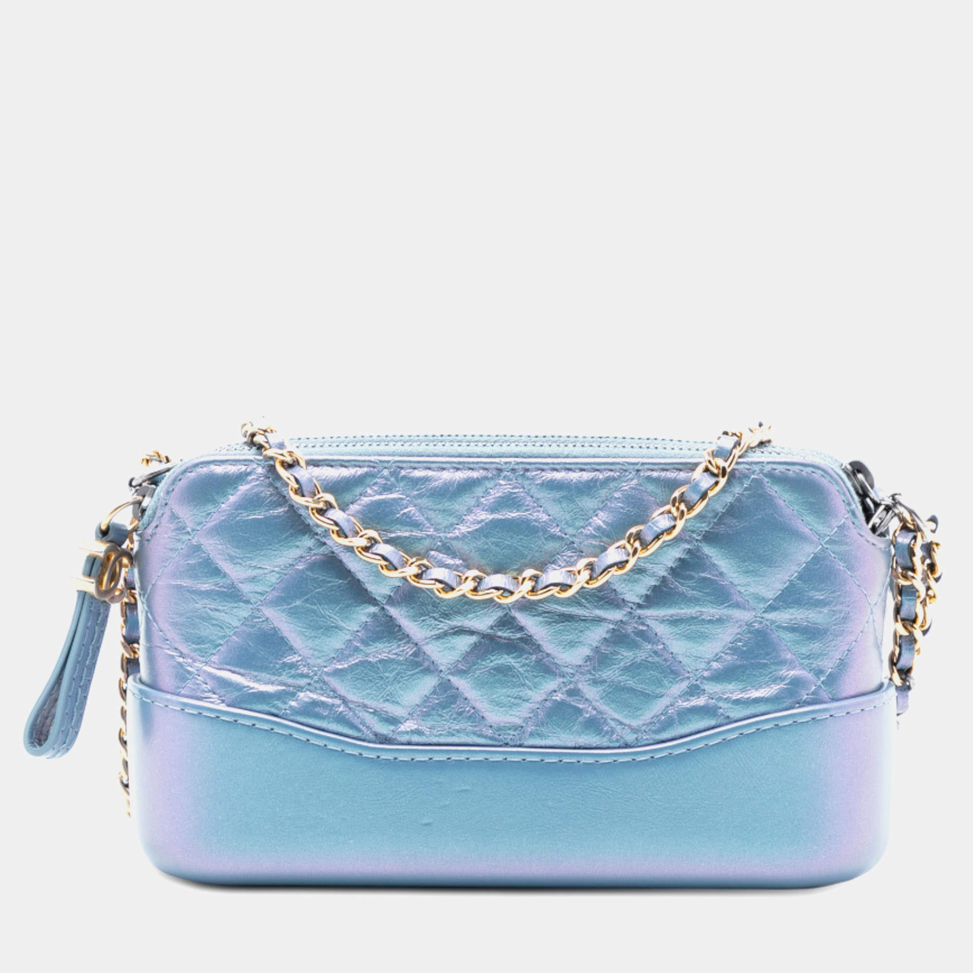 Pre Owned Chanel Blue Iridescent Aged Calfskin Gabrielle Double Zip Clutch with Chain