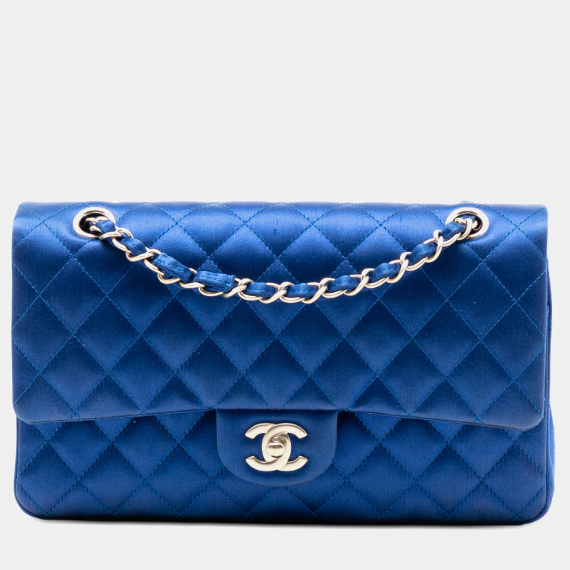 Pre Owned Chanel Blue Medium Classic Satin Double Flap