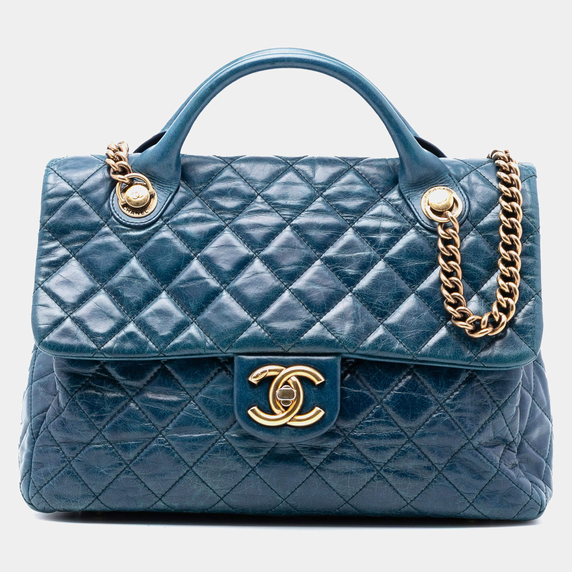 Pre Owned Chanel Blue Large Glazed Calfskin Castle Rock Top Handle Flap