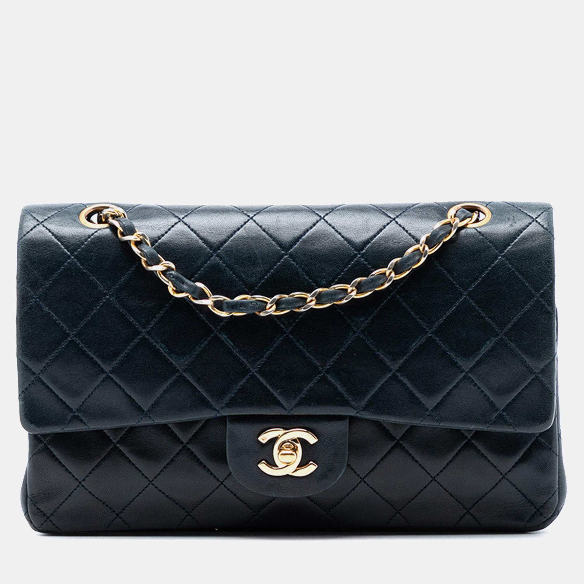 Pre Owned Chanel Blue Medium Classic Lambskin Double Flap