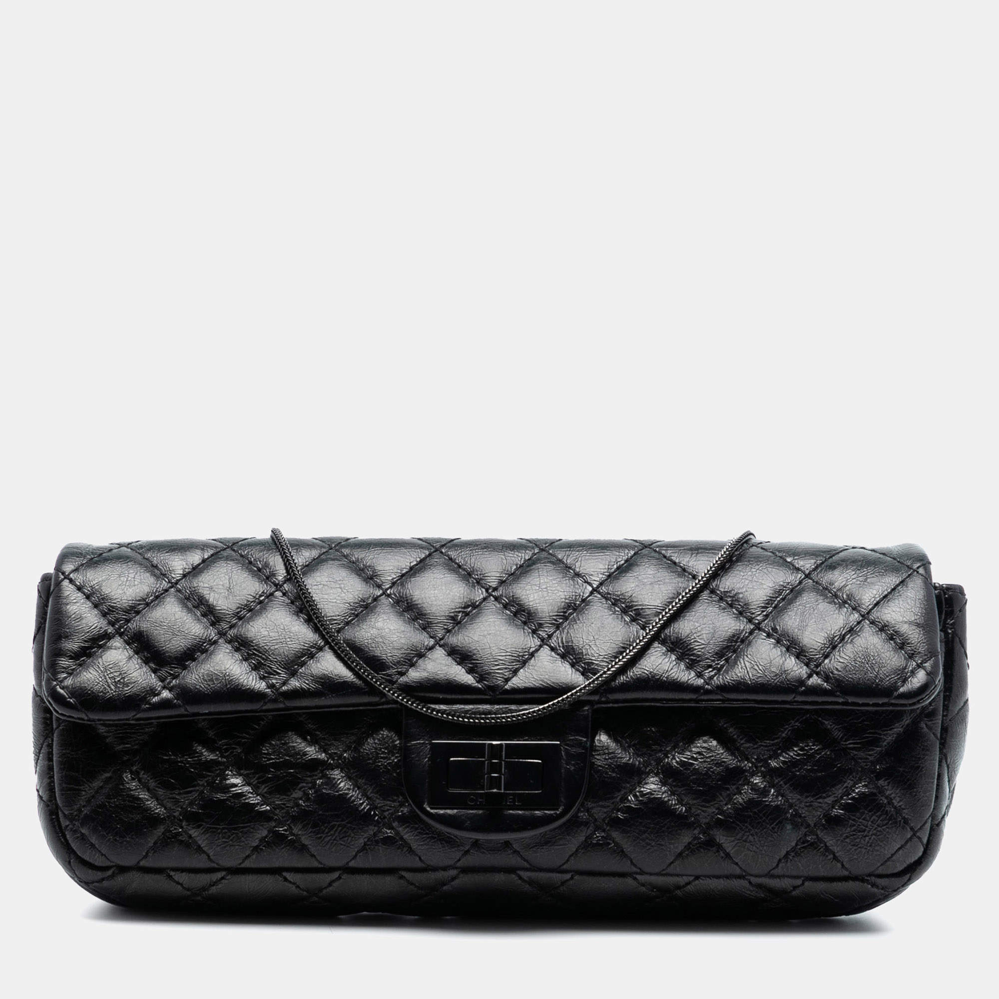 Pre Owned Chanel Black Quilted Glazed Calfskin Reissue 2.55 Clutch with Chain