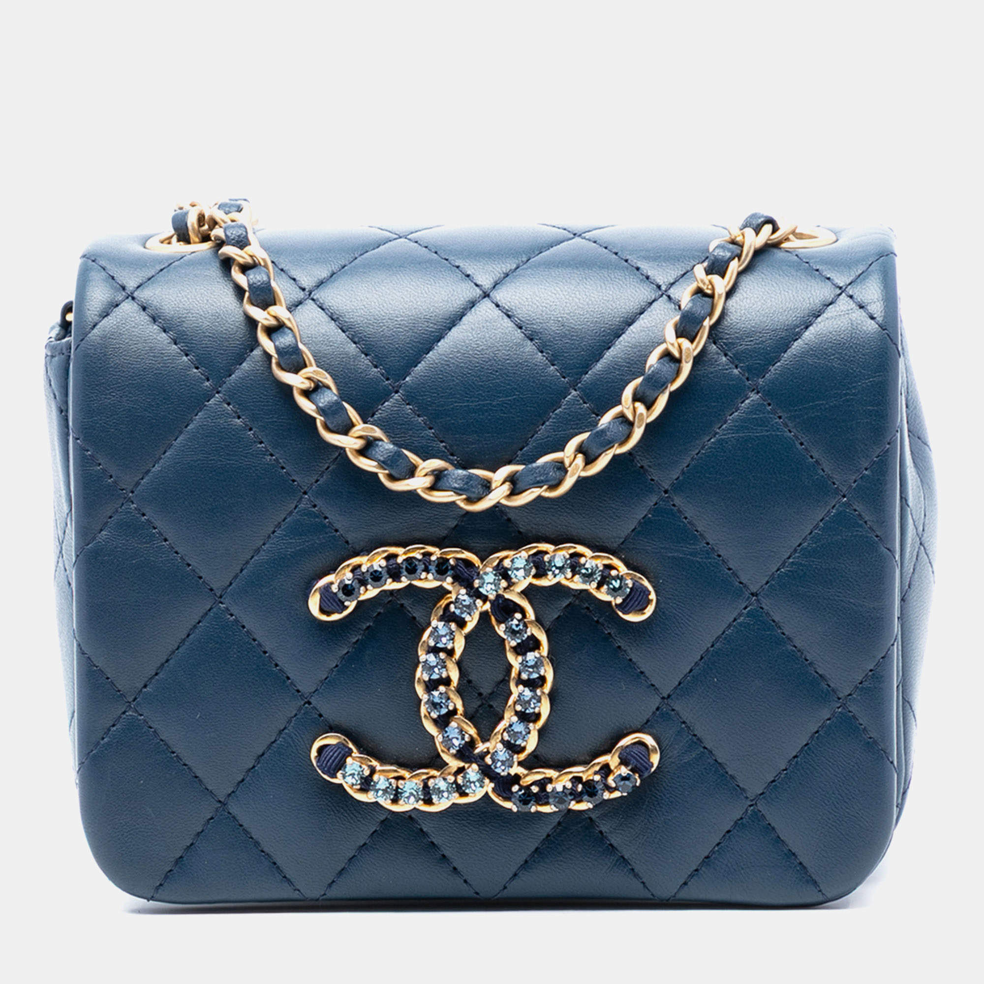 Pre Owned Chanel Blue Mini Quilted Lambskin CC Crystal Full Flap