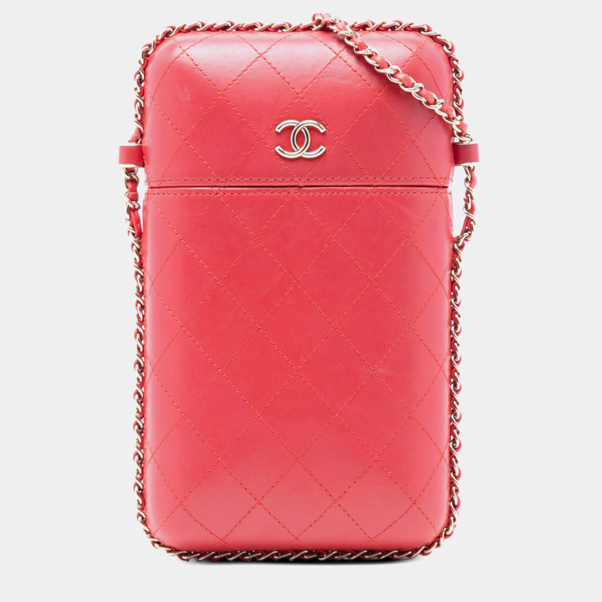 Pre Owned Chanel Red CC Quilted Lambskin Chain Around Phone Holder