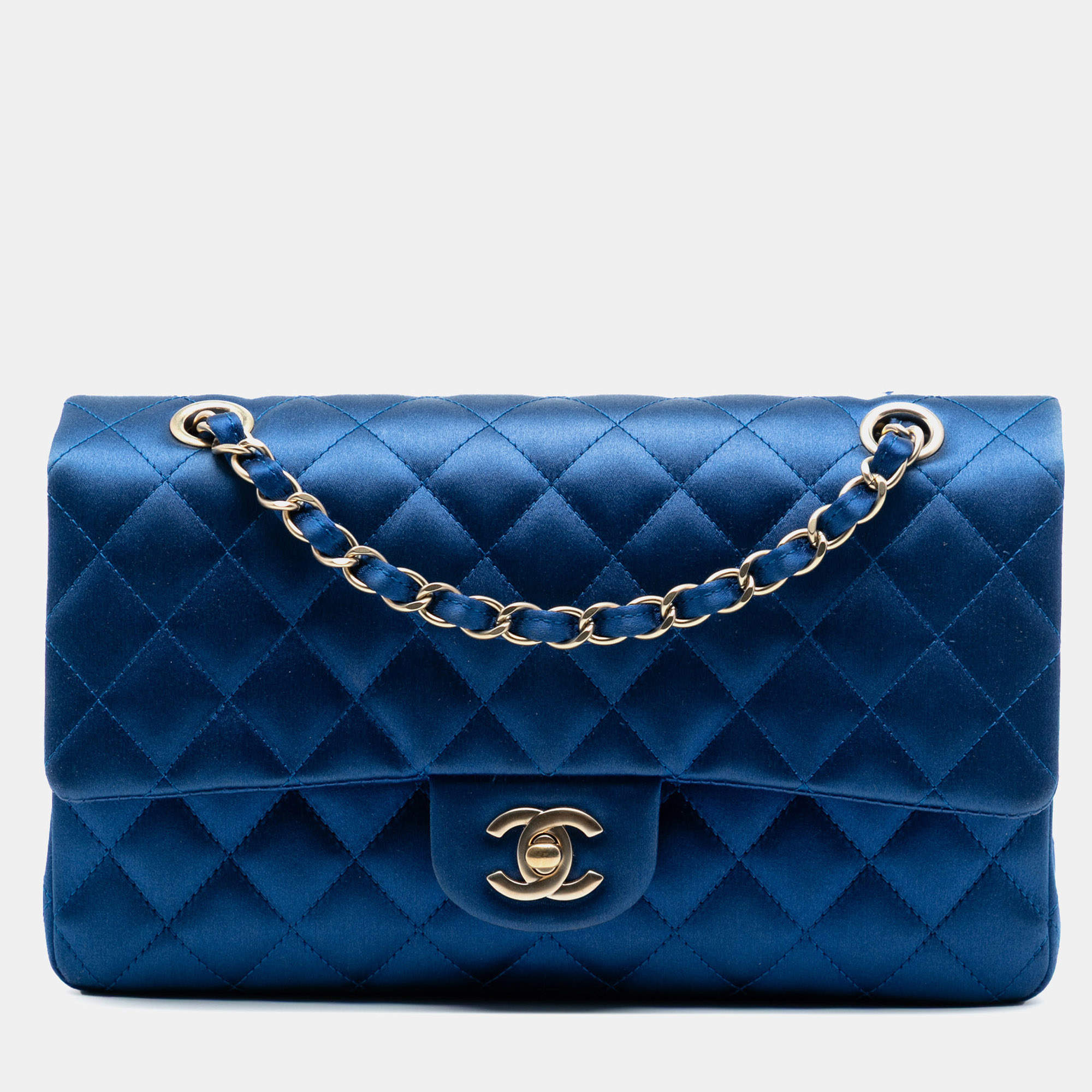 Pre Owned Chanel Blue Medium Classic Satin Double Flap