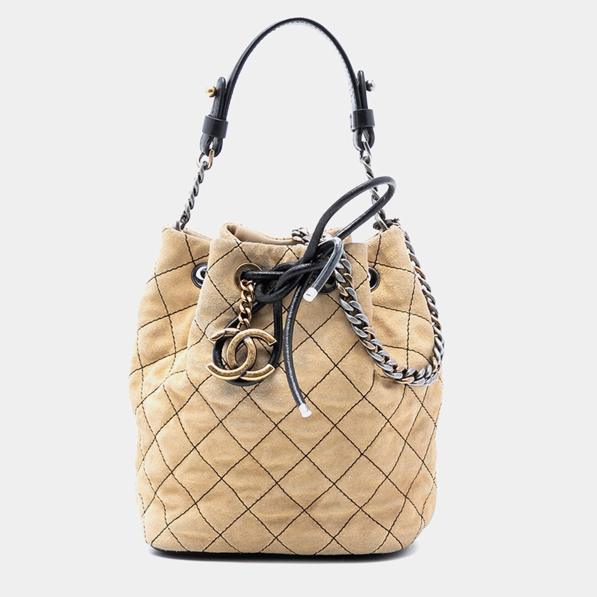 Pre Owned Chanel Black Brown CC Suede Wild Stitch Bucket Bag
