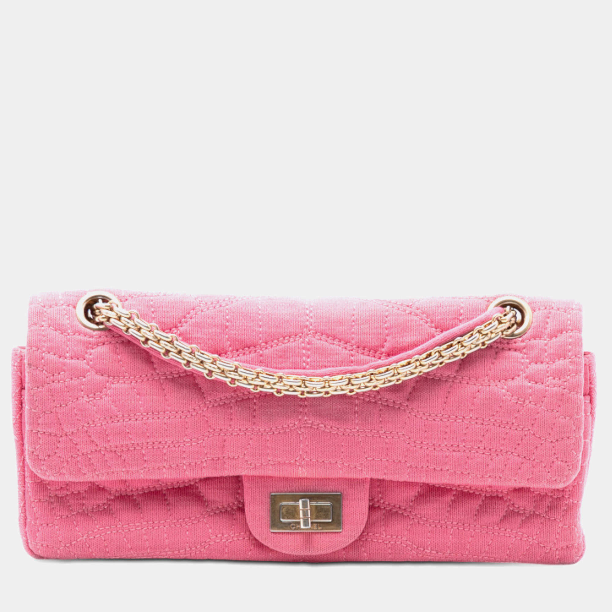 Pre Owned Chanel Pink Croc Quilted Jersey Reissue 2.55 East West Double Flap