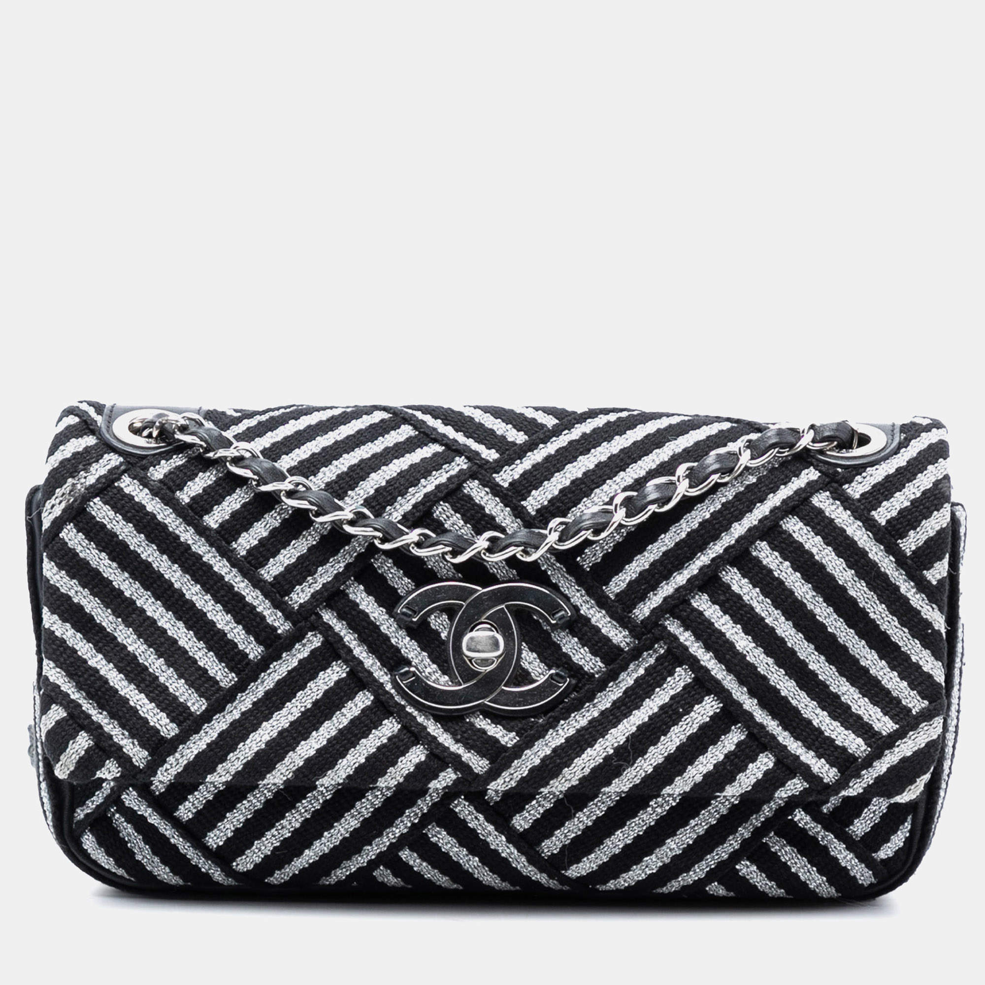 Pre Owned Chanel Black Silver CC Canvas Stripe Flap