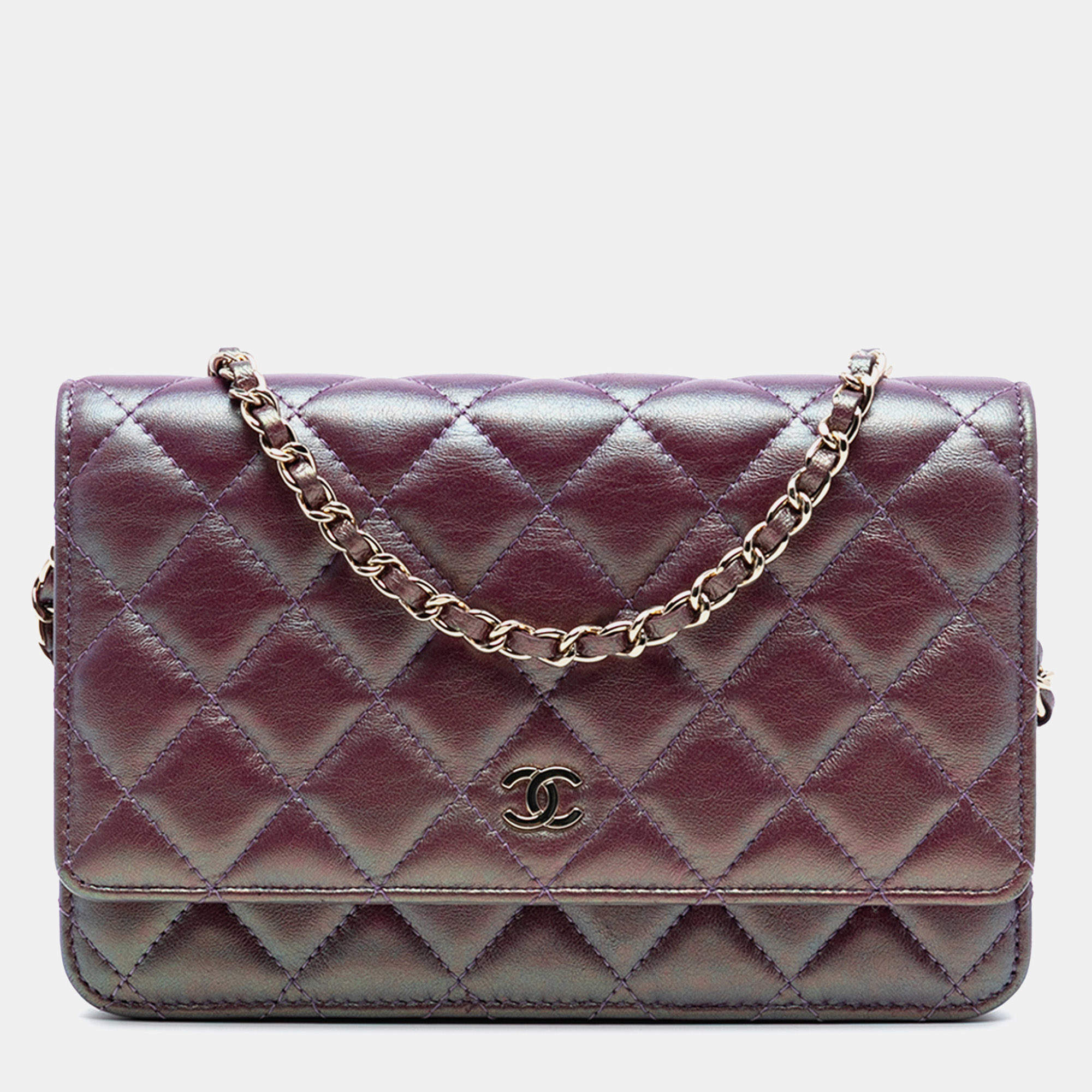 Pre Owned Chanel Purple CC Quilted Iridescent Lambskin Wallet on Chain