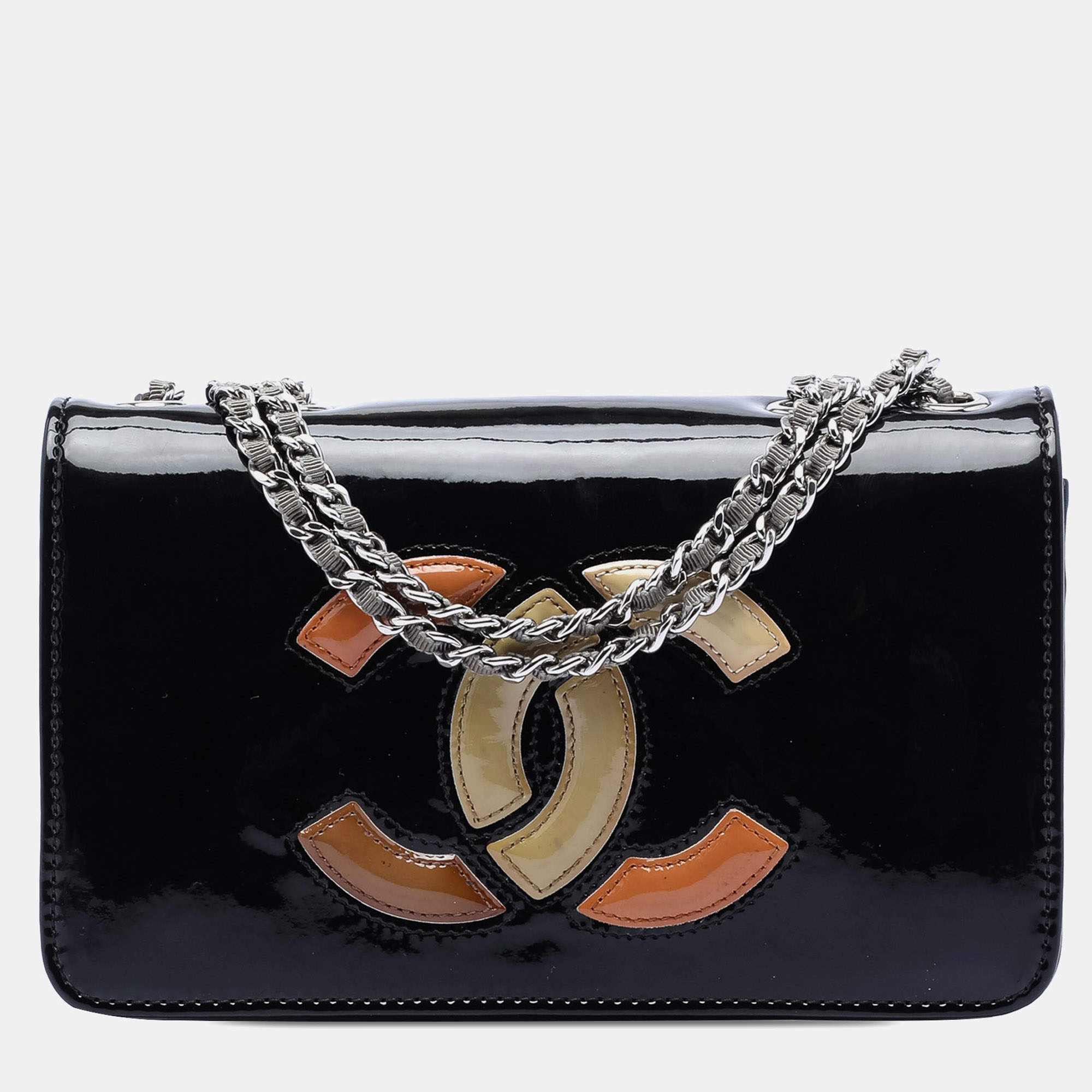 Pre Owned Chanel Black Orange CC Patent Lipstick Flap