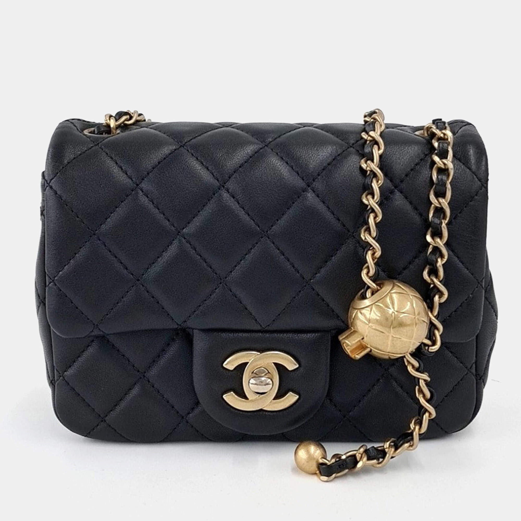 Pre Owned Chanel Black Leather Golden Ball Petit Sac Crossbody Bag