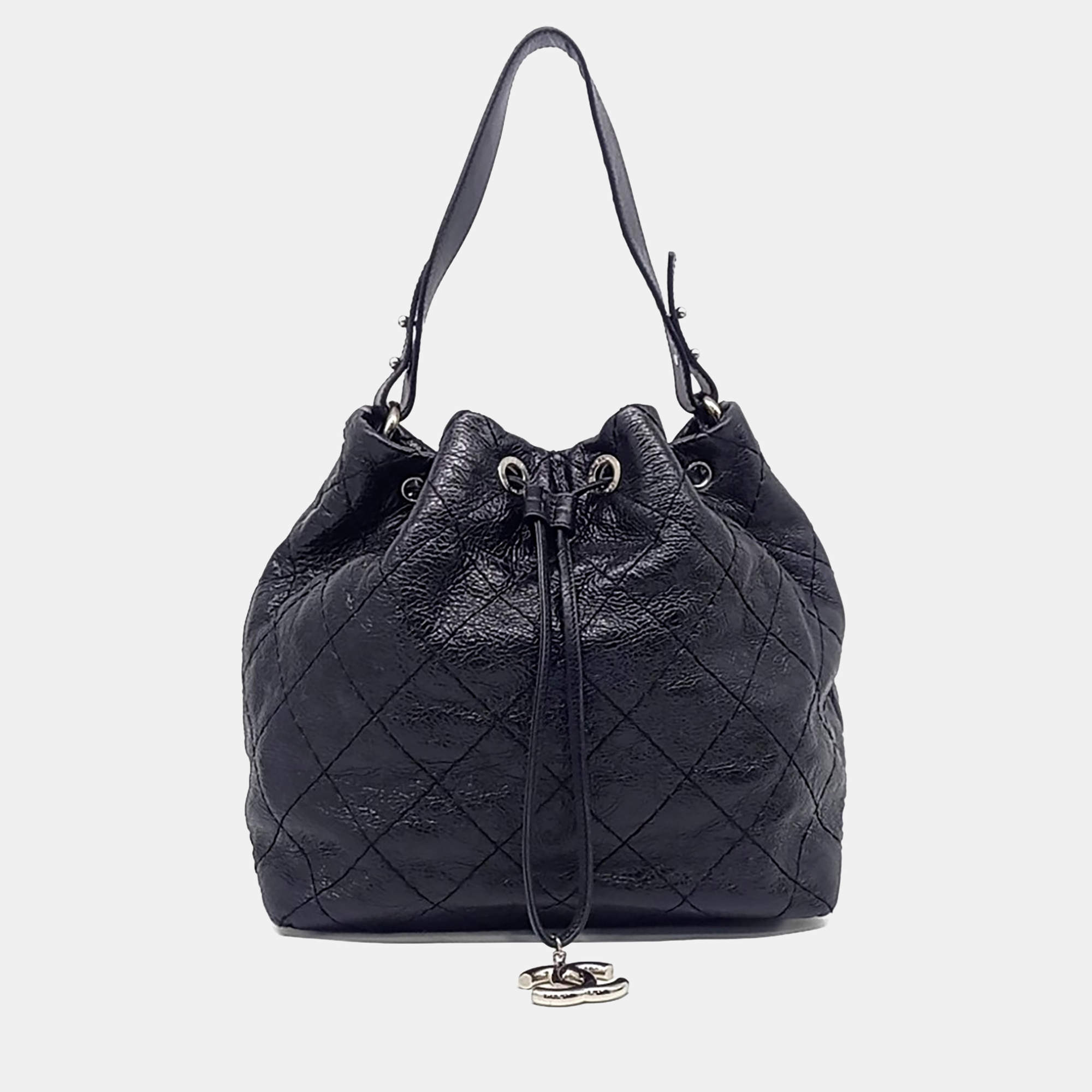 Pre Owned Chanel Black Leather On the Road Drawstring Bag