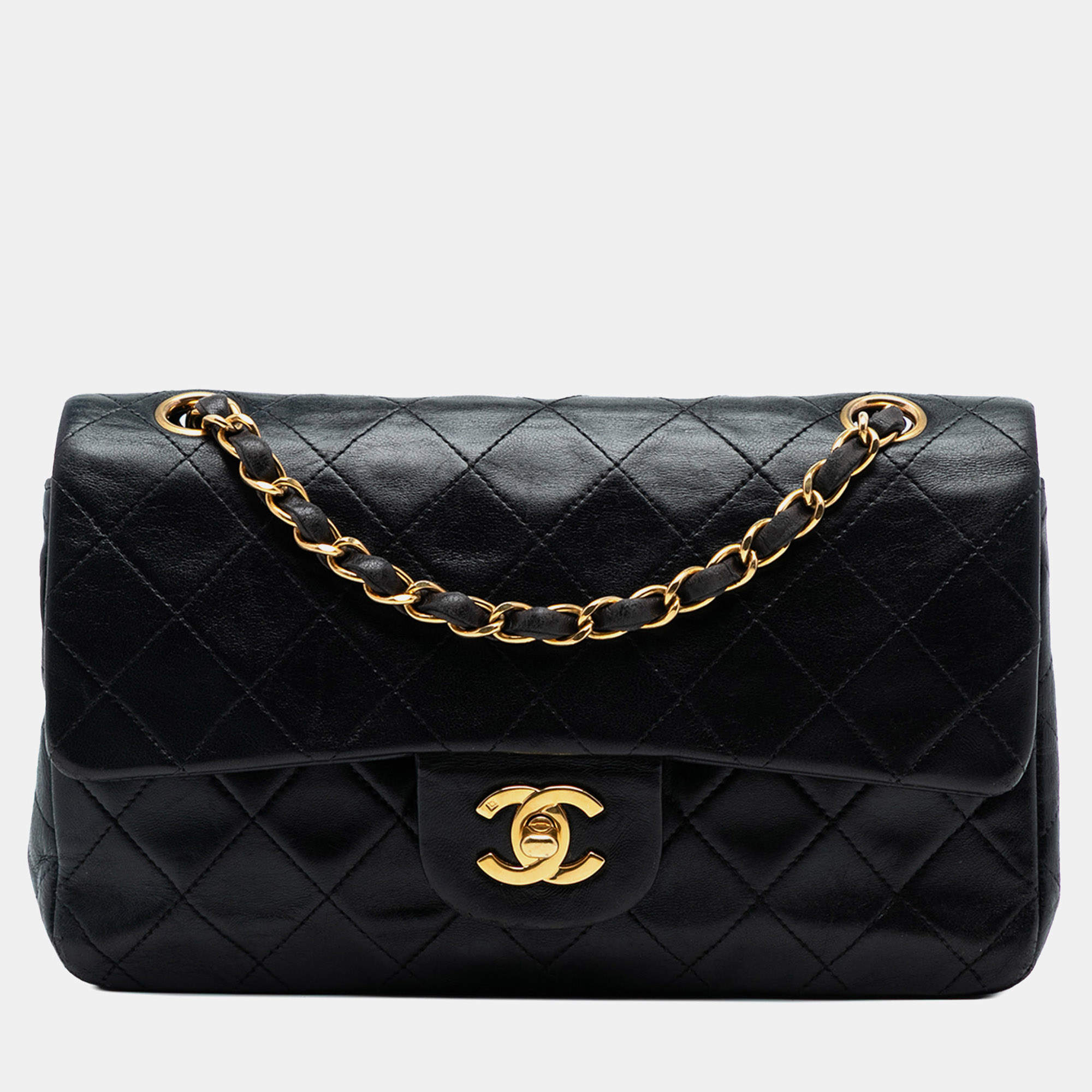 Pre Owned Chanel Black Small Classic Lambskin Double Flap