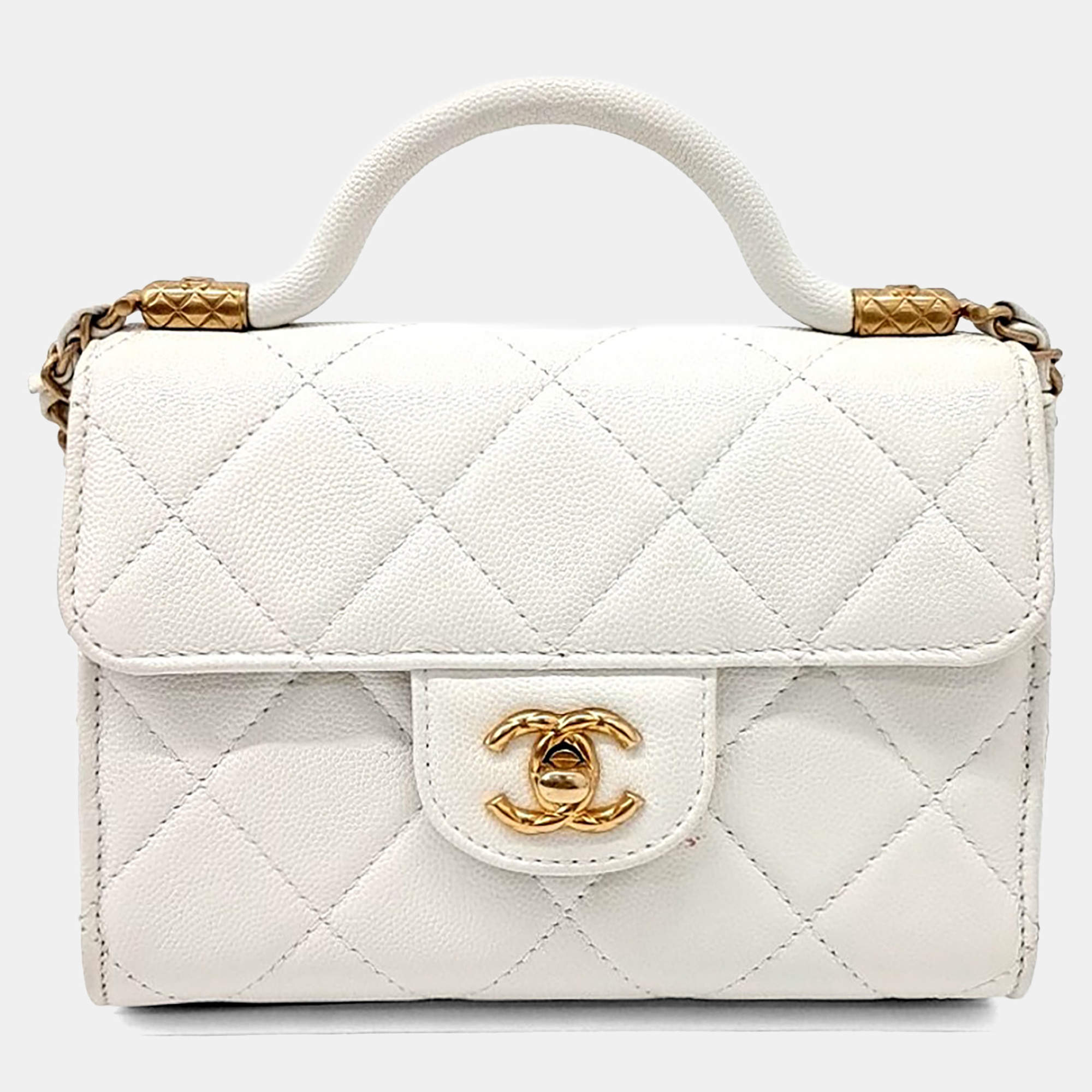 Pre Owned Chanel White Caviar Leather Top Handle Mini Crossbody Bag