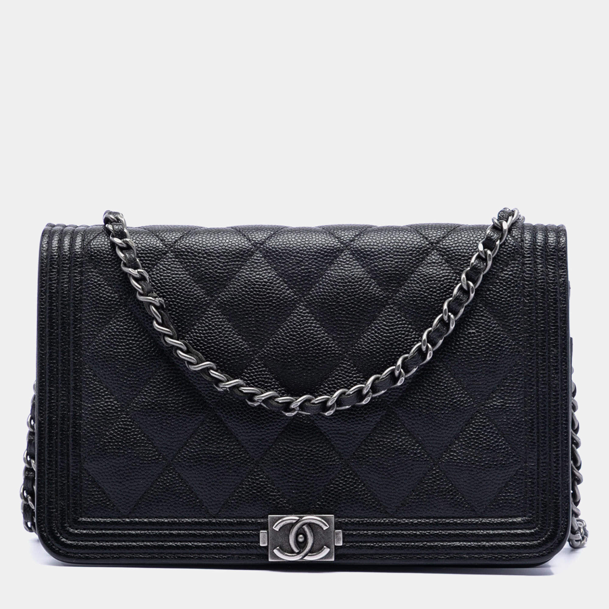 Pre Owned Chanel Black Quilted Caviar Boy Wallet on Chain