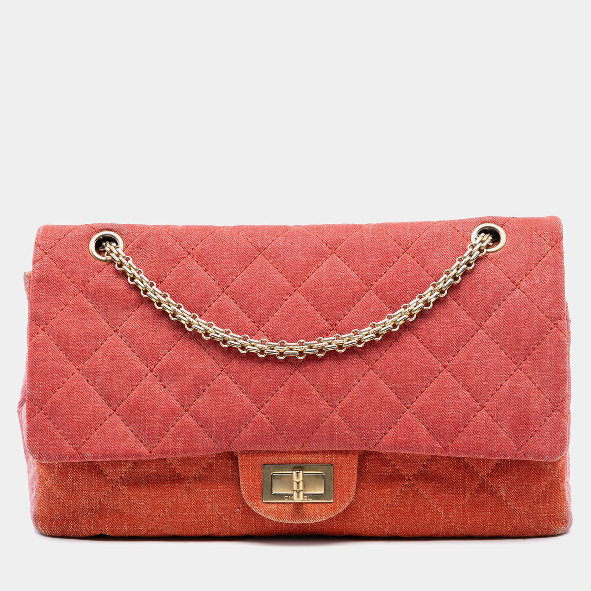 Pre Owned Chanel Orange Red Tricolor Quilted Denim Reissue 2.55 Double Flap 227