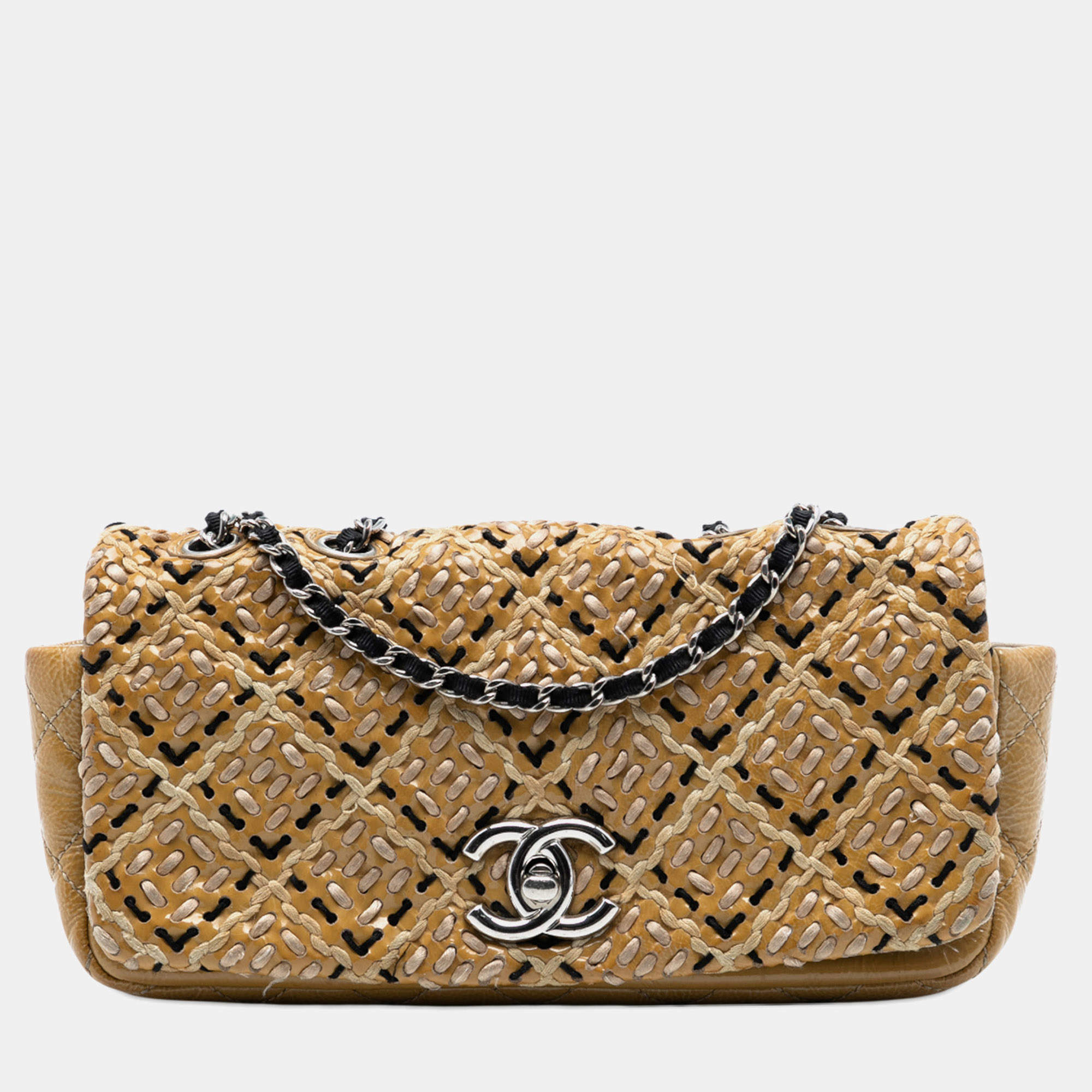 Pre Owned Chanel Brown CC Patent Woven Stitch Full Flap